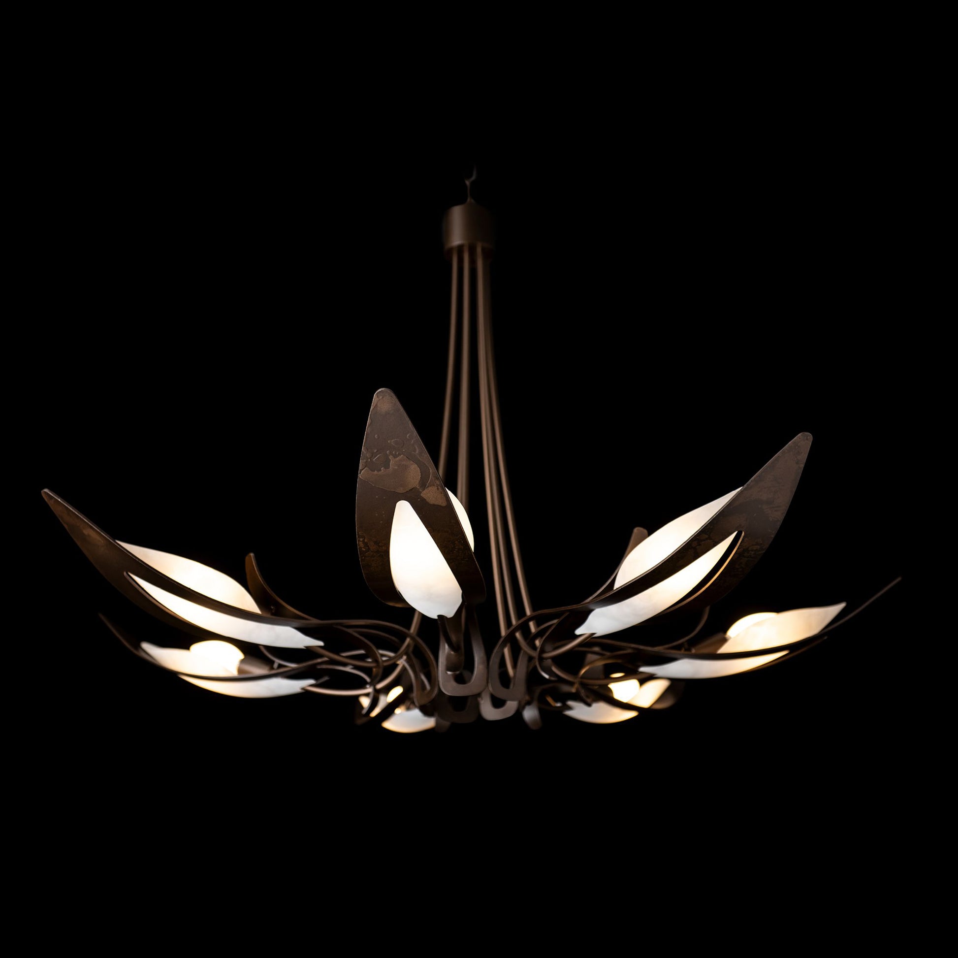 Parasol 7-Light Chandelier by Hubbardton Forge with hand-forged steel arms and elegant glass lights, showcasing artisan craftsmanship.