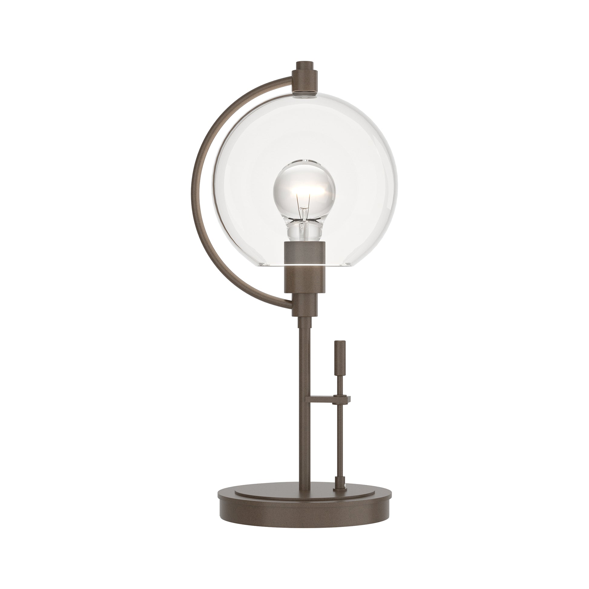 Pluto Table Lamp by Hubbardton Forge featuring a round metal base, circular frame, glass disc accent, and exposed bulb.