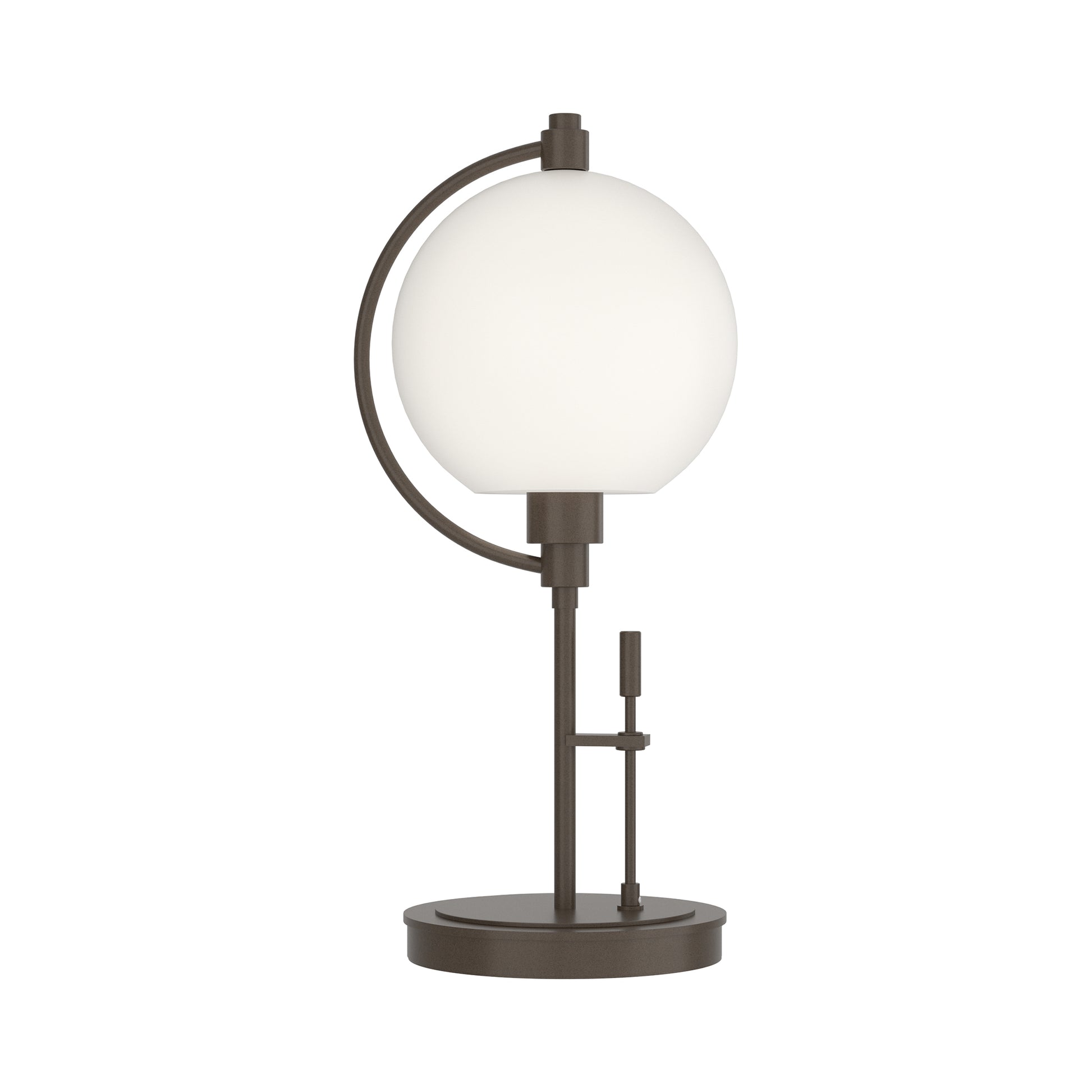 Pluto Table Lamp by Hubbardton Forge featuring a round white glass shade atop a dark metal base and frame, showcasing elegant, modern craftsmanship.