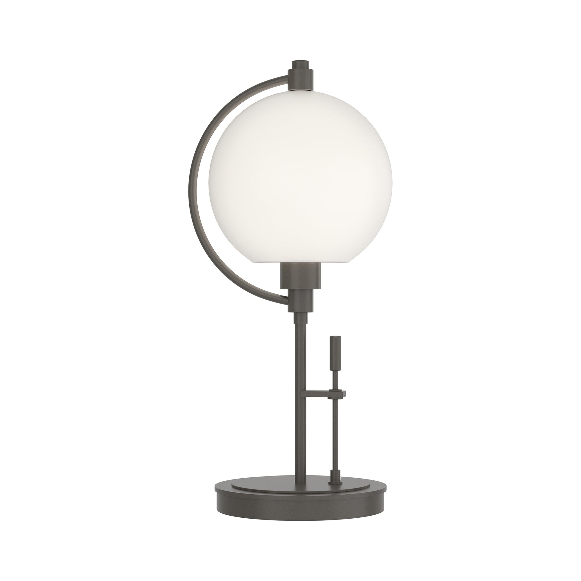 Pluto Table Lamp by Hubbardton Forge featuring a round white glass shade, black metal base, and modern circular support design.