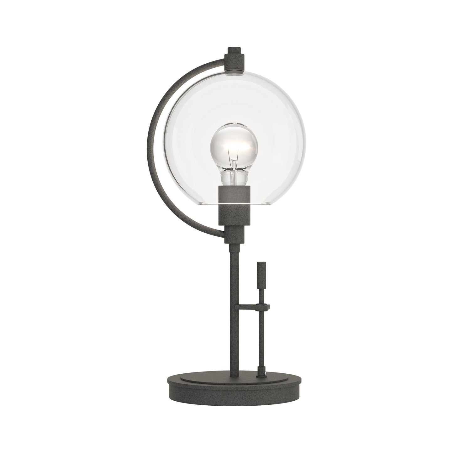 Hubbardton Forge Pluto Table Lamp with a modern round base, exposed bulb, and signature partial glass enclosure, showcasing elegant American craftsmanship.