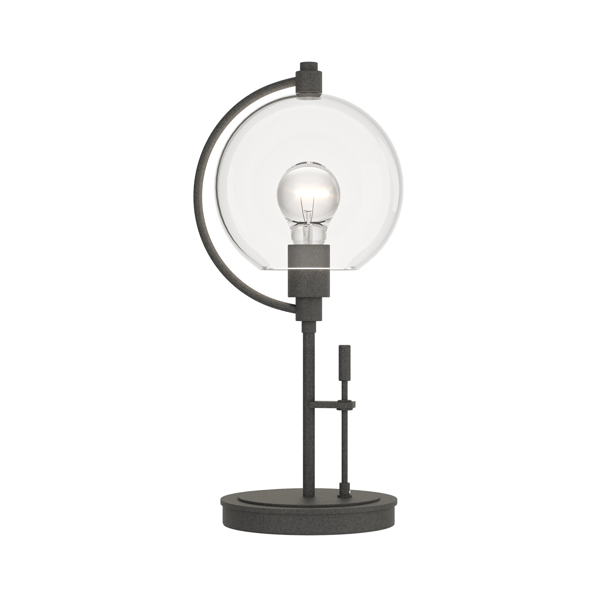 Hubbardton Forge Pluto Table Lamp with a modern round base, exposed bulb, and signature partial glass enclosure, showcasing elegant American craftsmanship.