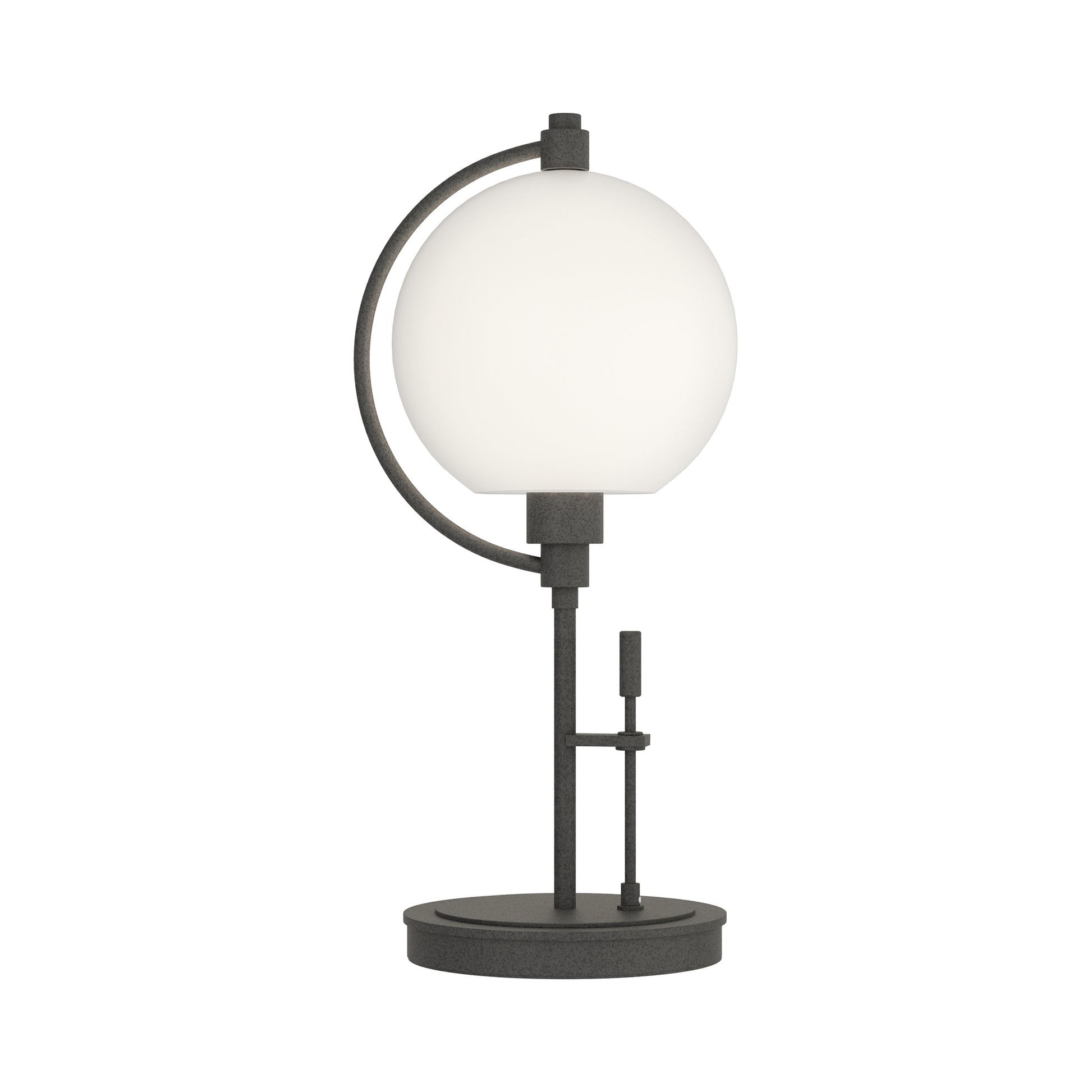 Pluto Table Lamp by Hubbardton Forge with a frosted glass globe shade and sleek dark metal base, showcasing modern American craftsmanship.