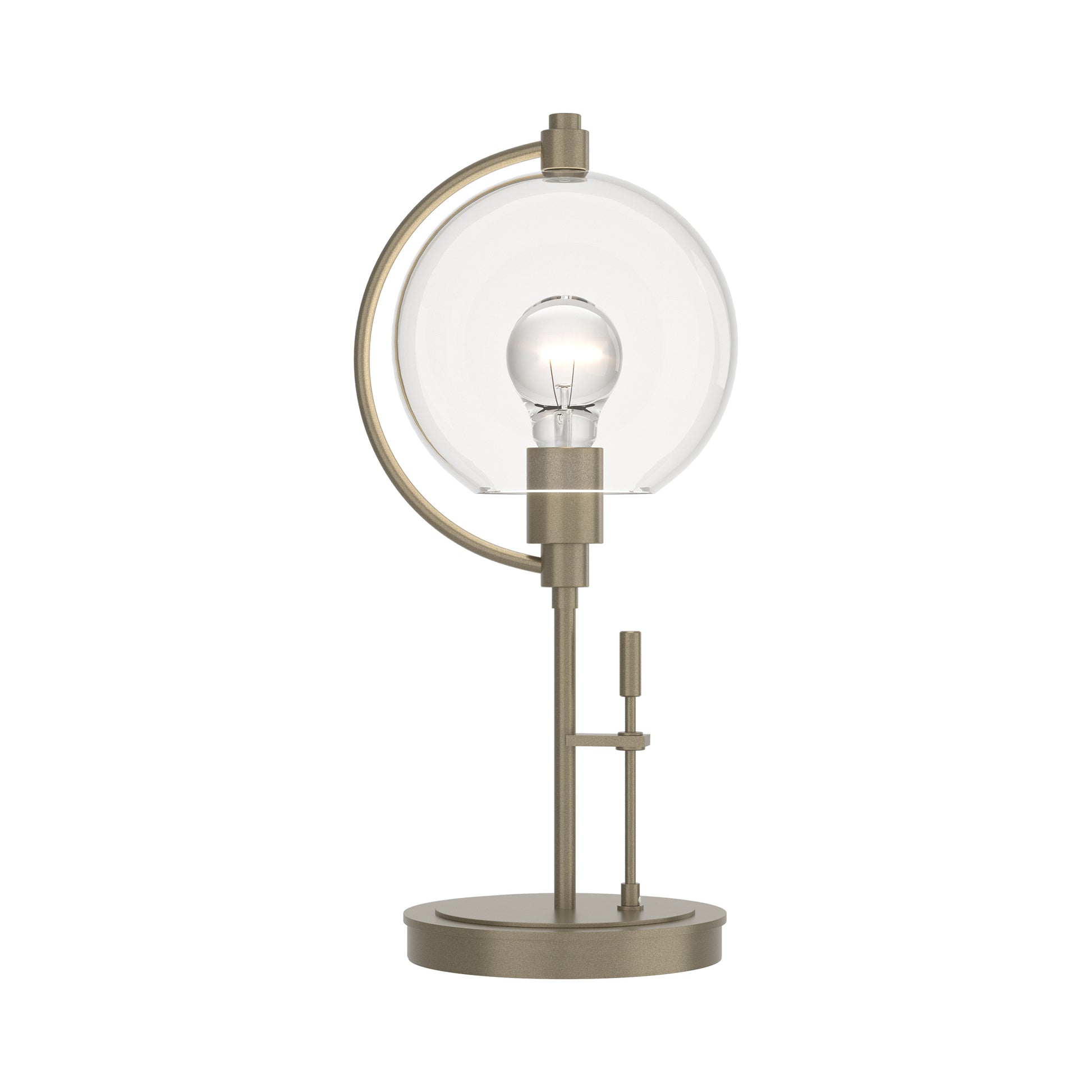 Pluto Table Lamp by Hubbardton Forge featuring a handcrafted glass shade and brushed brass base, showcasing fine American furniture craftsmanship.