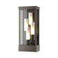 Hubbardton Forge Portico Large Outdoor Sconce with a Coastal Dark Smoke frame and four frosted glass lights at different heights, highlighting its modern design.