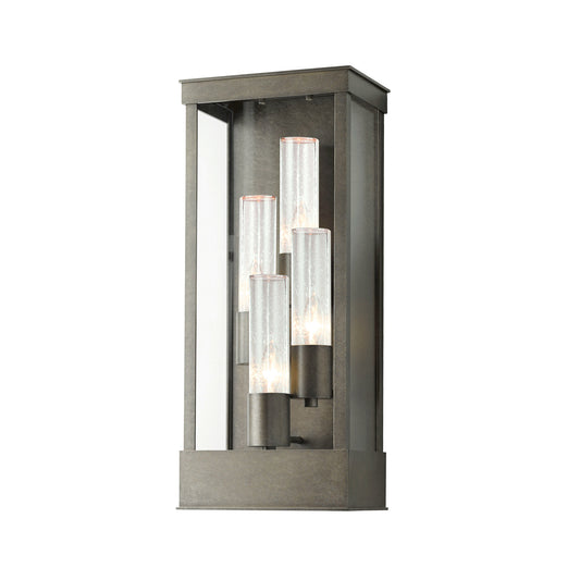 Hubbardton Forge Portico Large Outdoor Sconce with three glass-covered bulbs in Coastal Dark Smoke finish, highlighting its modern craftsmanship.