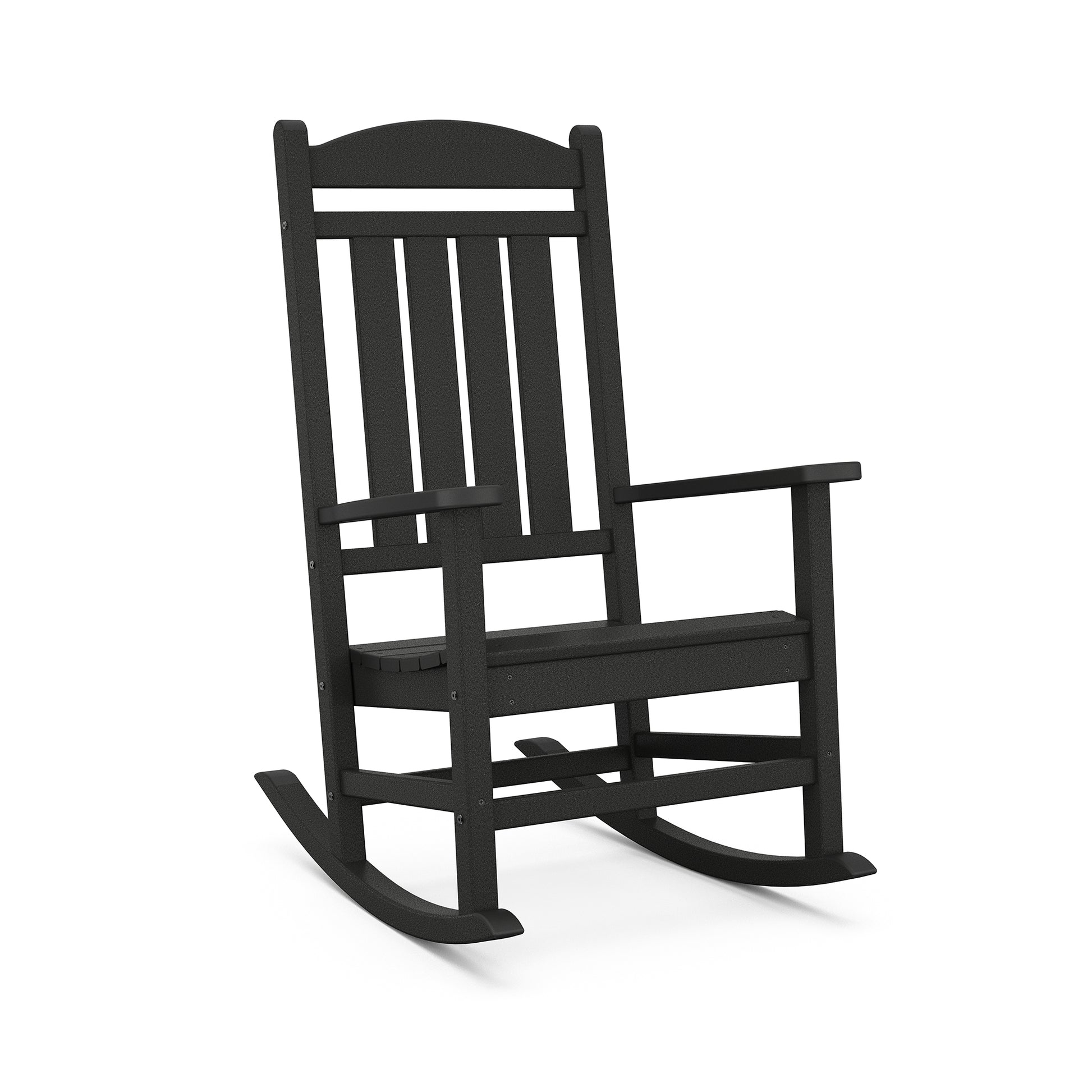 A black POLYWOOD© Presidential Outdoor Rocking Chair with a vertical slat back and a flat seat, viewed against a plain white background. The chair has curved rockers and armrests.
