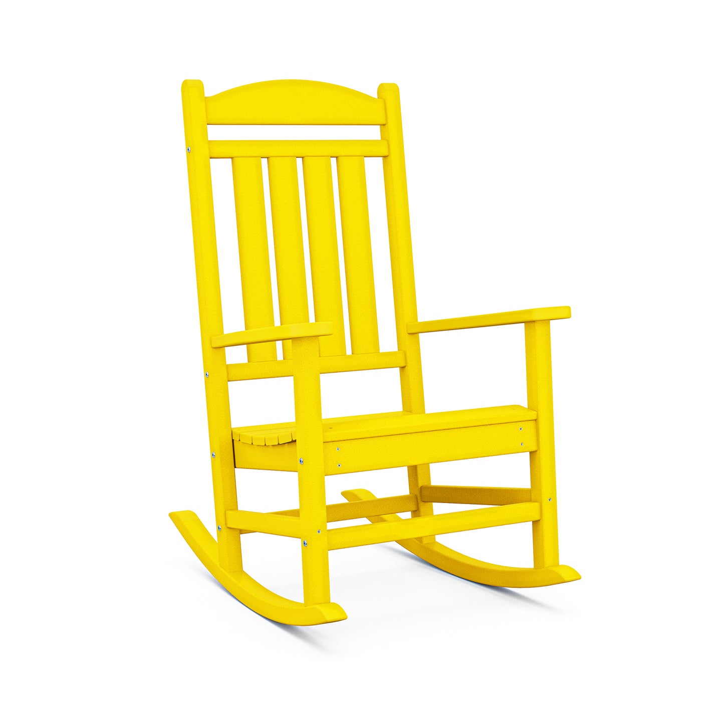 A bright yellow POLYWOOD Presidential Outdoor Rocking Chair isolated on a white background. The chair features a traditional slatted back and seat, with curved rocking legs crafted from recycled plastic.