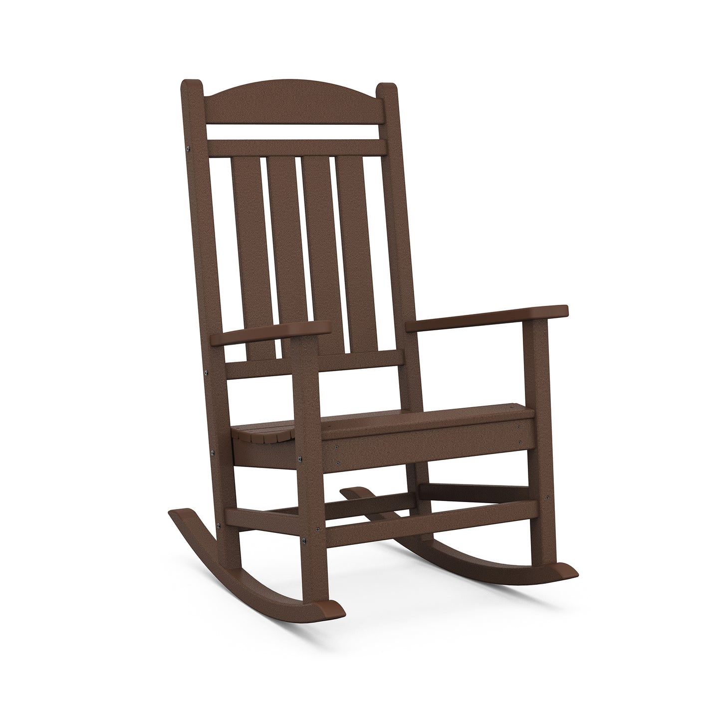 A brown traditional POLYWOOD© Presidential Outdoor Rocking Chair isolated on a white background, featuring vertical slat back and seat design with curved rockers.