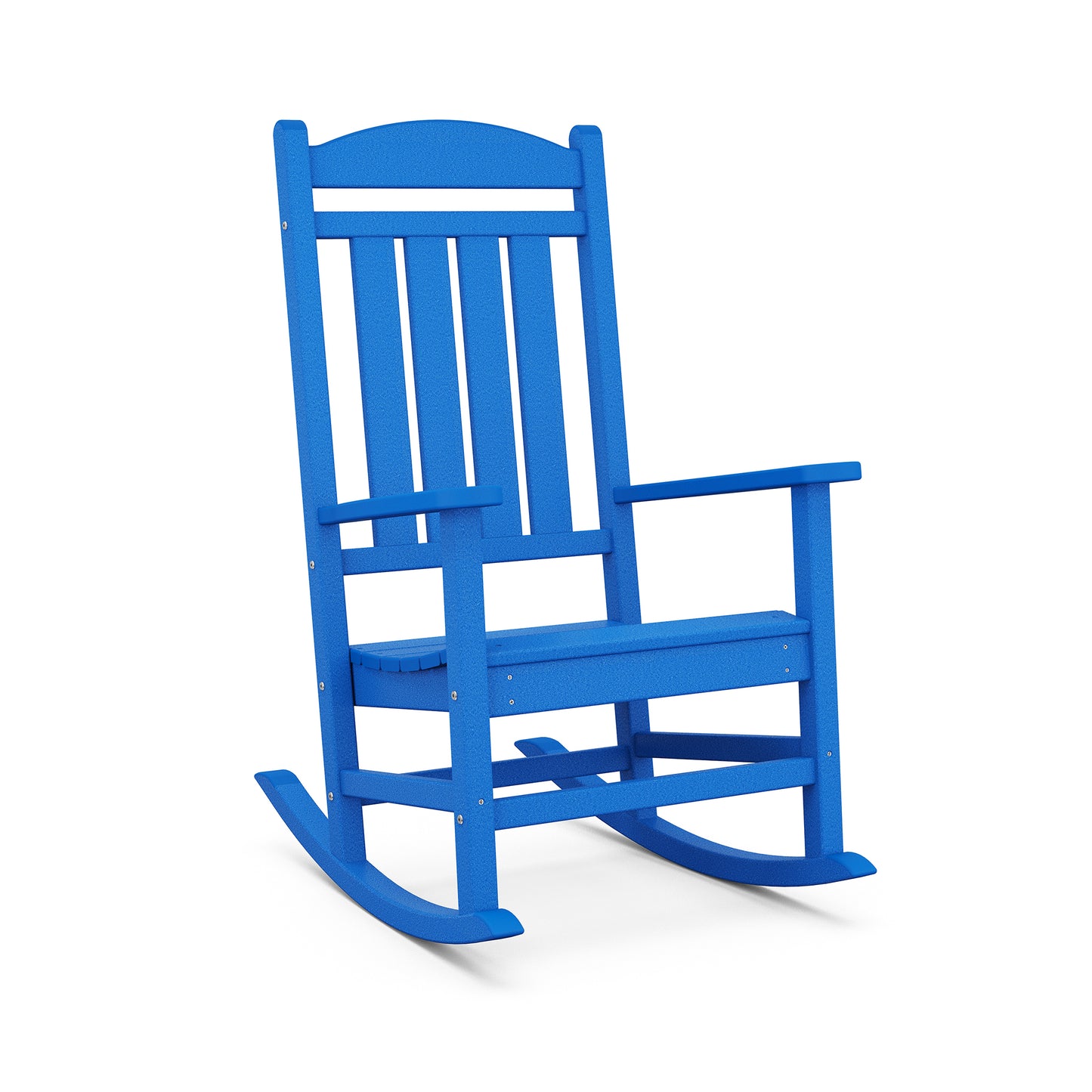 A bright blue POLYWOOD Presidential Outdoor Rocking Chair with a traditional design, featuring vertical slats and curved rockers, isolated on a white background.