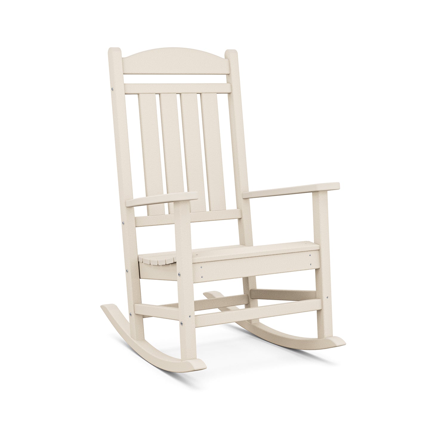 A classic white POLYWOOD© Presidential Outdoor Rocking Chair with vertical slats on the backrest and armrests, set against a plain white background.