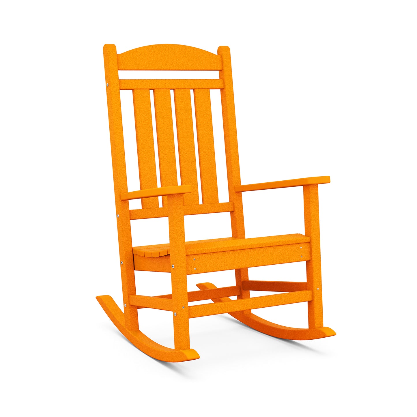 Bright orange POLYWOOD© Presidential Outdoor Rocking Chair isolated on a white background. The chair features vertical slats on the backrest and a flat seat, with curved rockers at the base.