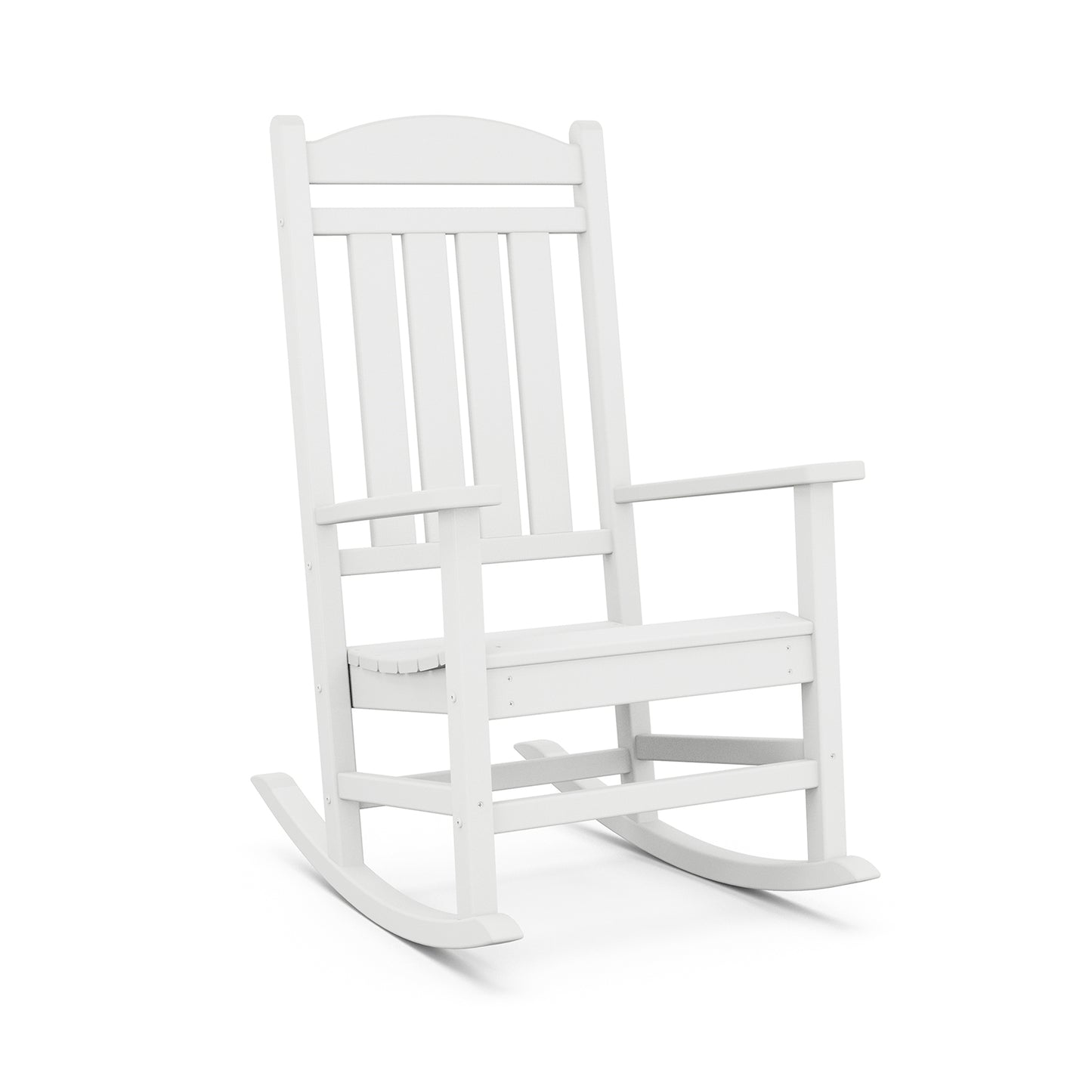 A white POLYWOOD© Presidential Outdoor Rocking Chair isolated on a white background. The chair features a high back with vertical slats and a flat seat, suitable for relaxed seating.