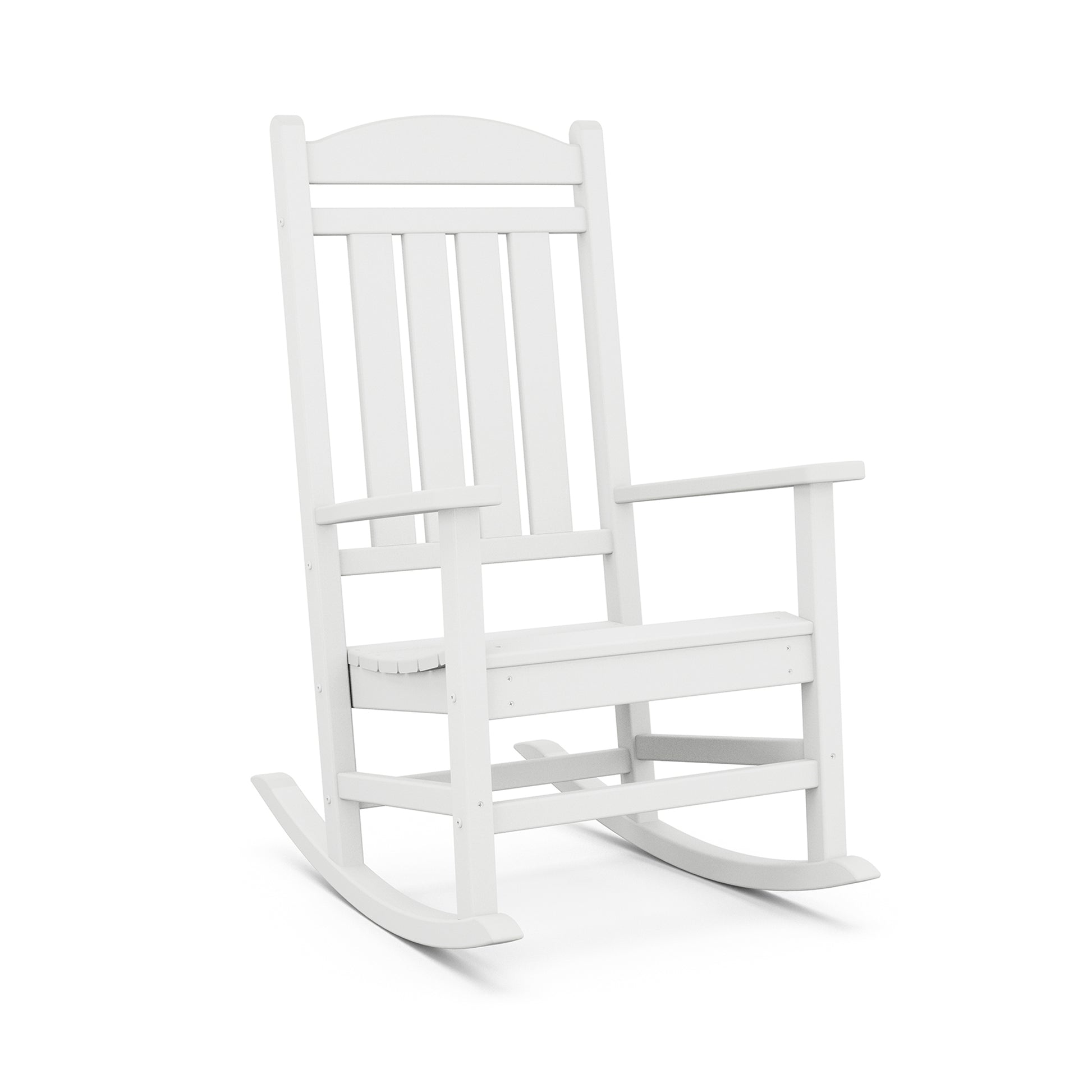 A white POLYWOOD© Presidential Outdoor Rocking Chair isolated on a white background. The chair features a high back with vertical slats and a flat seat, suitable for relaxed seating.