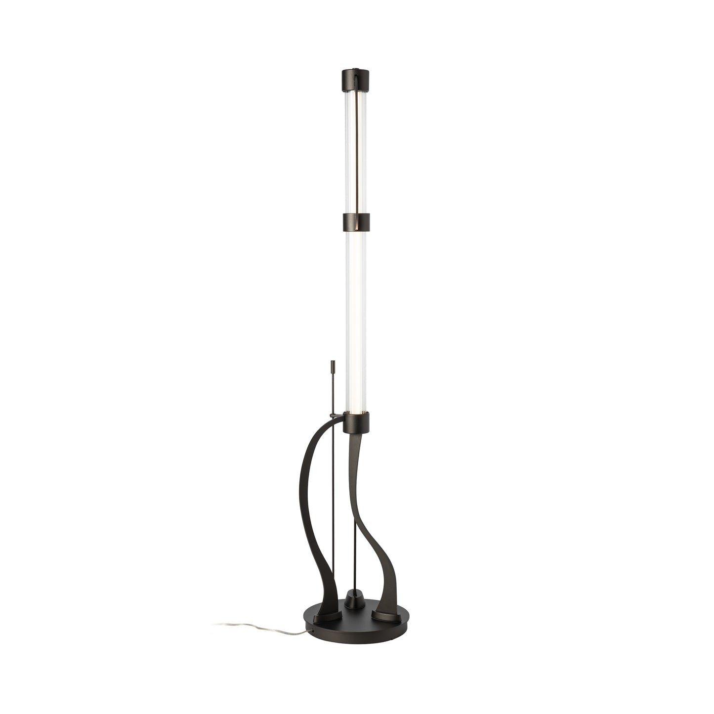 Sleek and slender Pulse Floor Lamp by Hubbardton Forge features a cylindrical silhouette and black base, crafted from hand-forged steel.