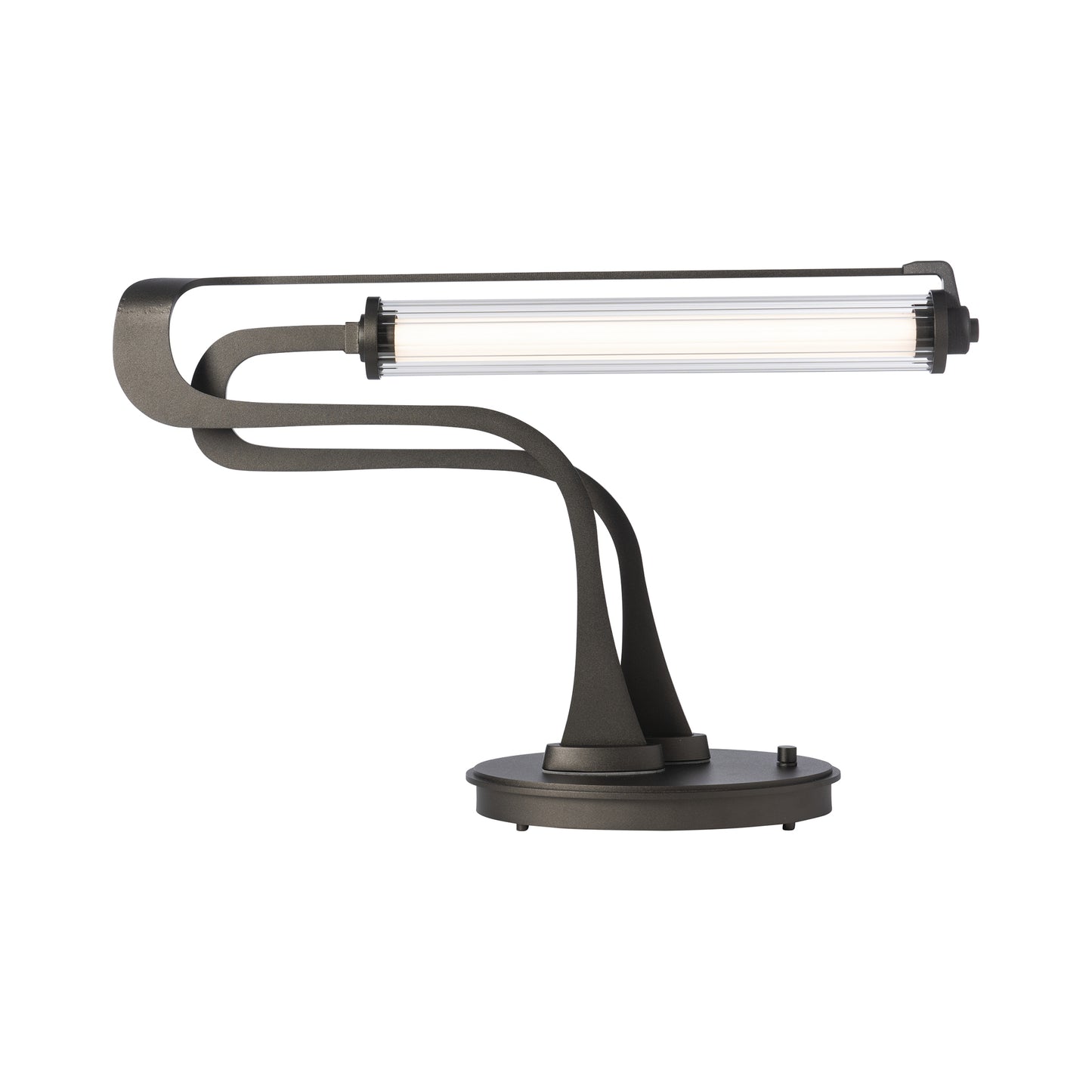 Pulse Table Lamp by Hubbardton Forge, a modern black metal desk lamp with sleek Banker's style design, curved support, horizontal light tube, and Oil Rubbed Bronze finish on a round base.