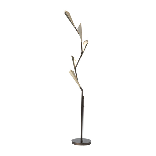 Quill Torchiere floor lamp by Hubbardton Forge with three origami-style lights on a sleek black base and stem at varied heights.