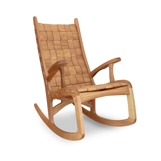A Quilted Vermont Oak Rocking Chair with a slatted design and curved arms, isolated on a white background.