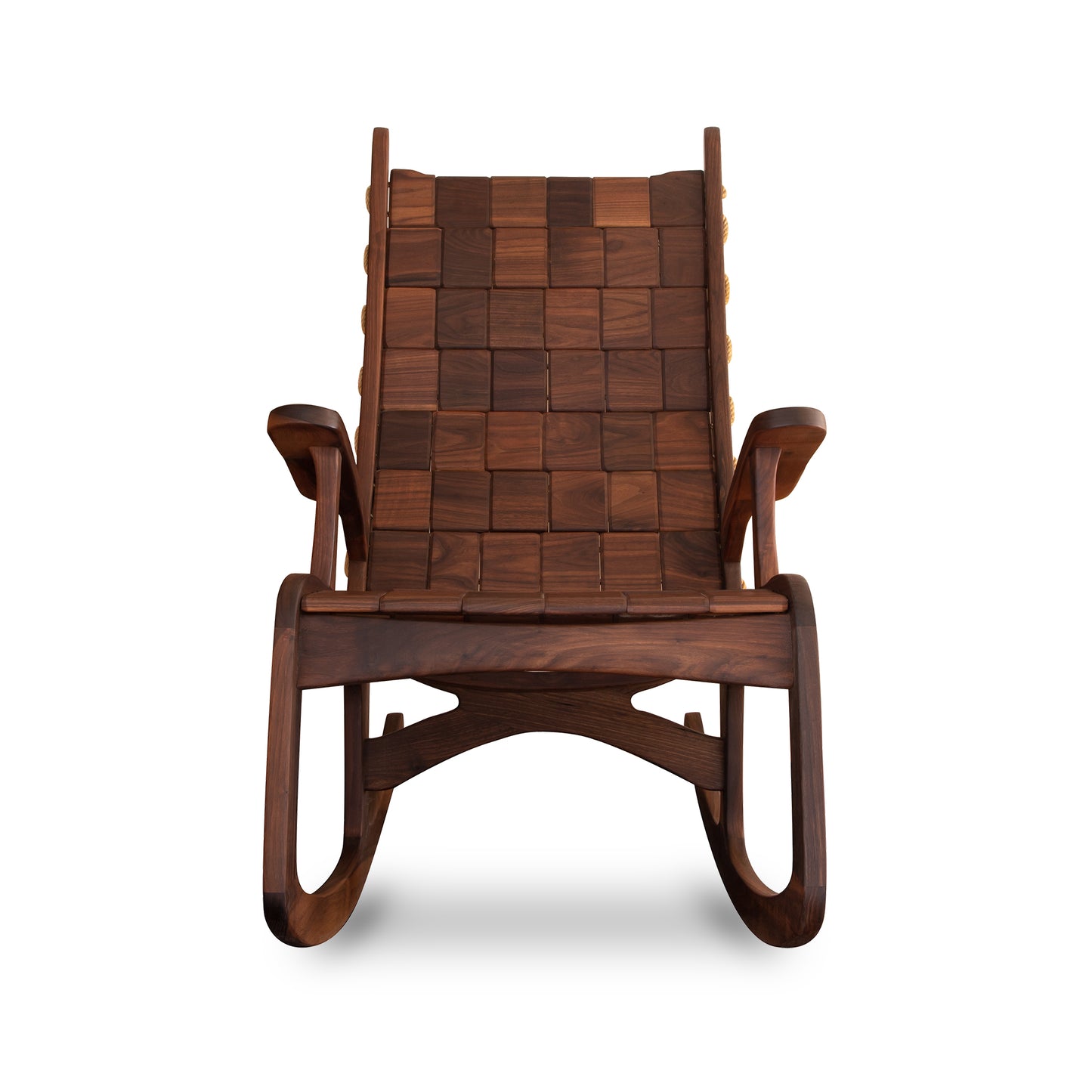 A traditional-style wooden rocking chair with a woven seat and backrest, featuring curved armrests and legs. It is crafted in the Shaker style and is isolated on a white background.