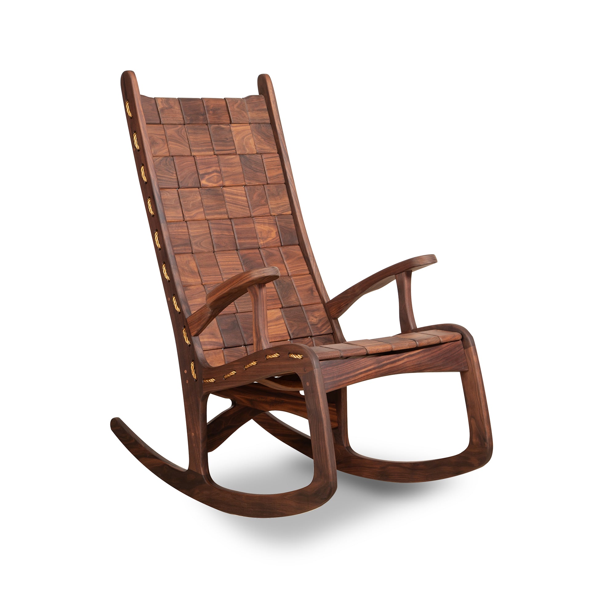 Quilted Vermont Tall/Wide Rocking Chair with walnut finish, featuring woven back and seat, and elegantly curved legs and armrests.