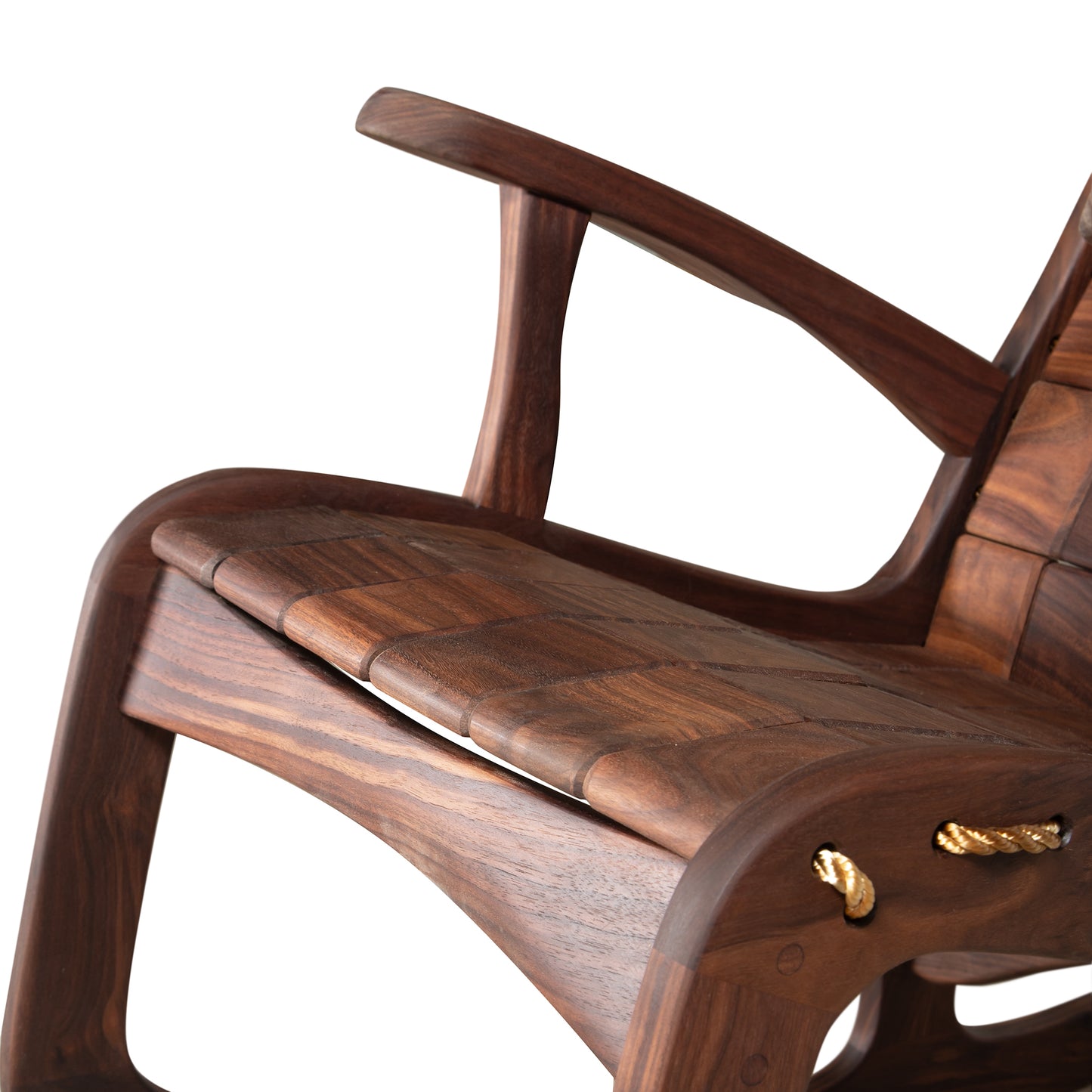 Vermont Folk Rocker Quilted Vermont Walnut Rocking Chair with curved armrests and rope details.