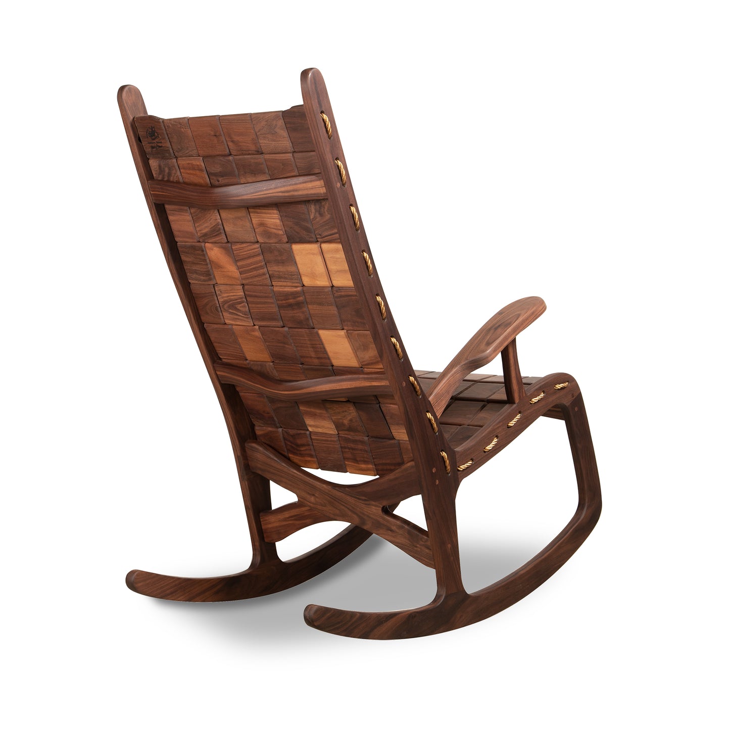 Vermont Folk Rocker Quilted Walnut Chair with high back, woven backrest, and curved rockers.