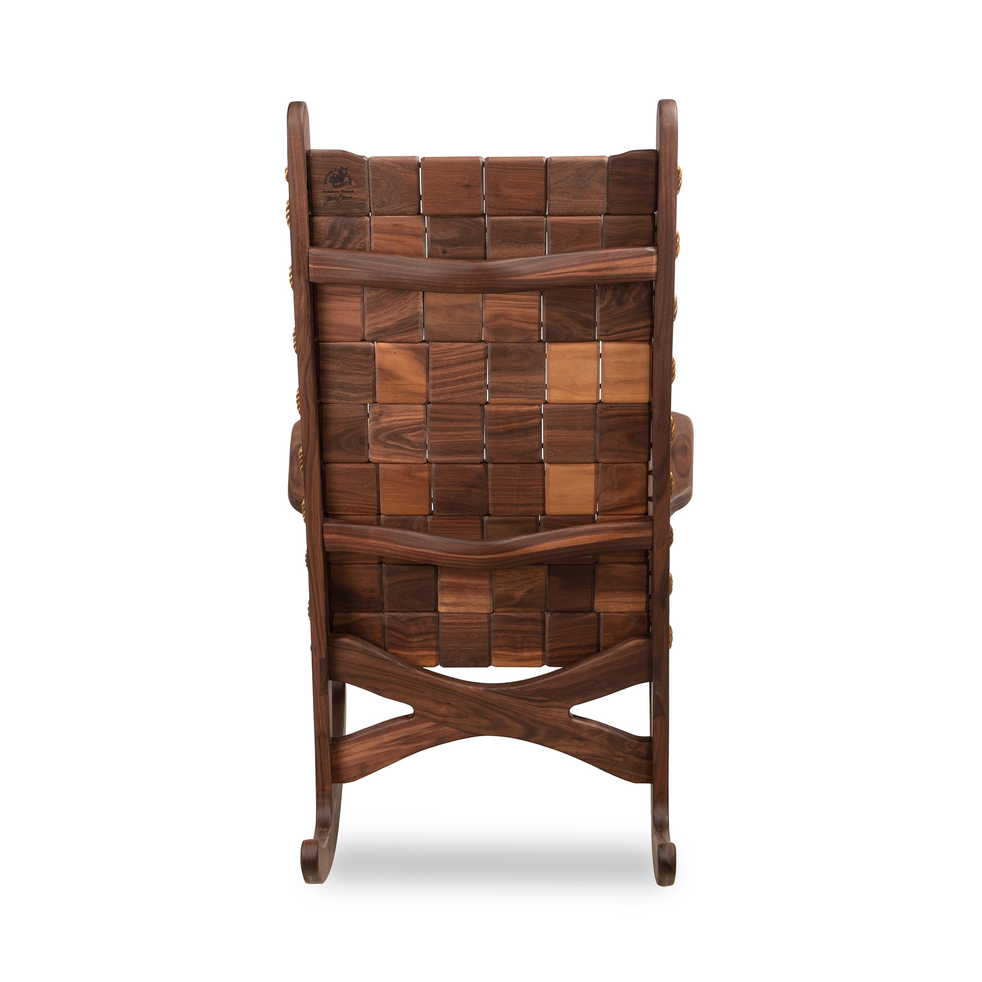 Back view of Quilted Vermont Tall/Wide Rocking Chair in walnut by Vermont Folk Rocker.