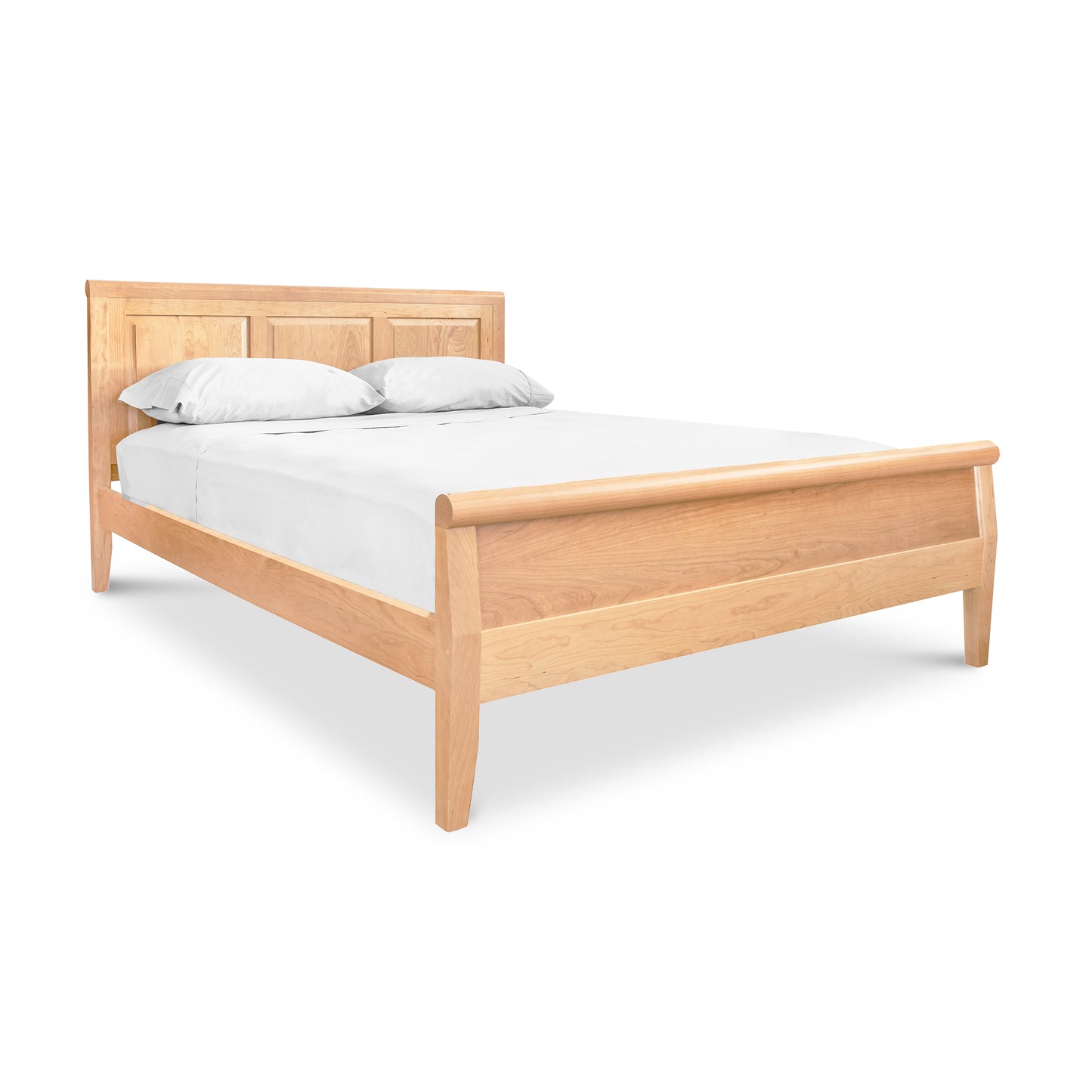 A Lyndon Furniture Raised Panel Carriage High Footboard bed made of solid hardwood, featuring white sheets.