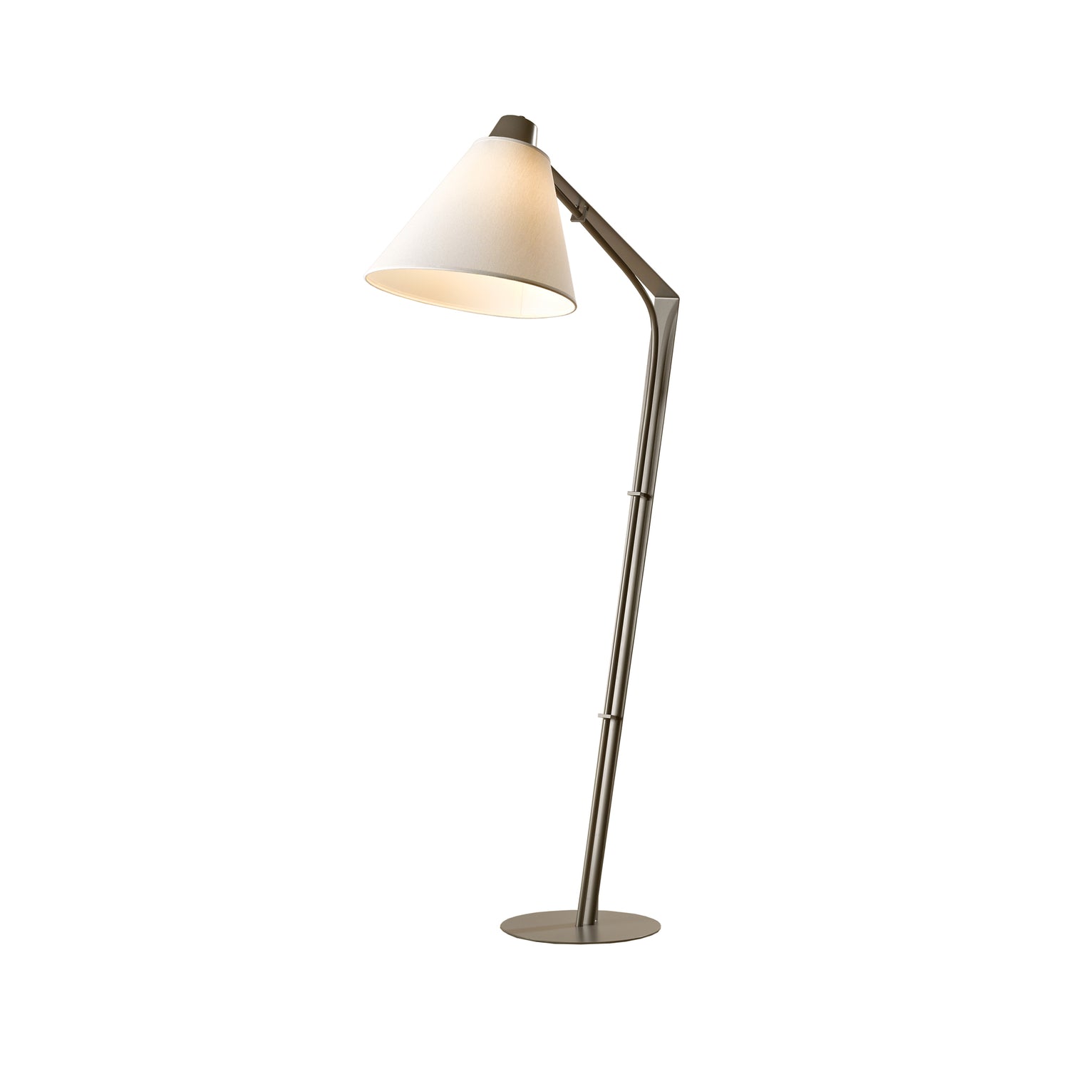 Retro chic Reach Floor Lamp by Hubbardton Forge with a metal stand, cone-shaped white lampshade, and circular base.
