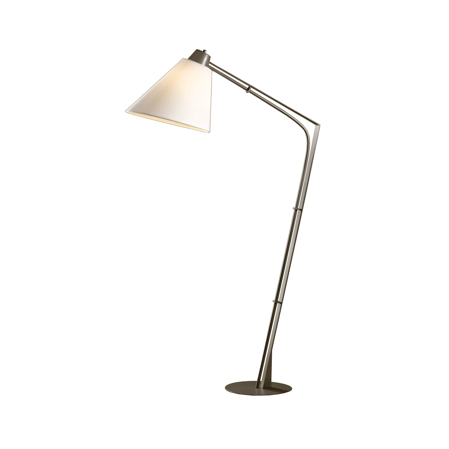 A modern Hubbardton Forge Reach Floor Lamp with a curved metal stand and a cone-shaped light shade, isolated on a white background.