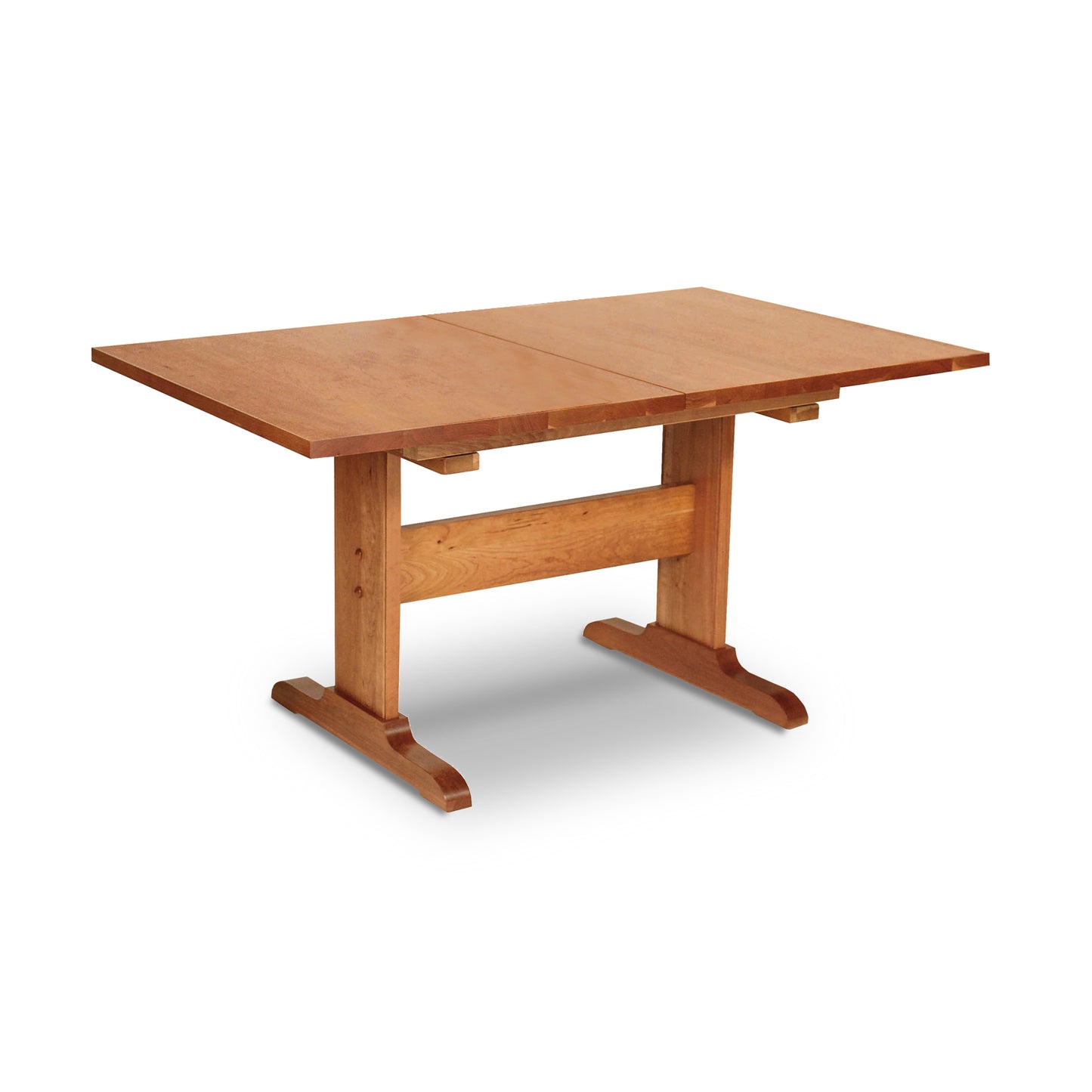 An eco-friendly Rectangular Trestle Extension Table from Lyndon Furniture with a sustainably harvested wood top and two legs.