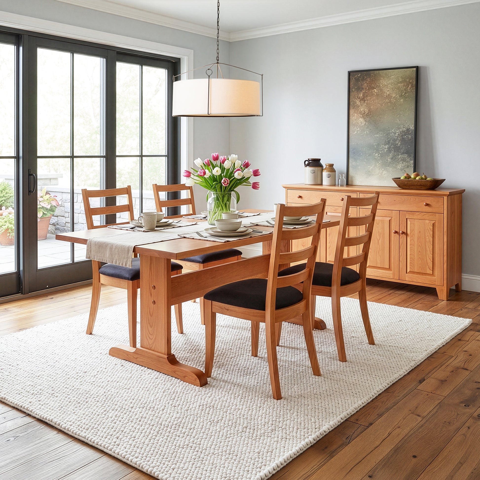 Lyndon Furniture Rectangular Trestle Solid Top Table and four chairs, handcrafted American wood dining set, showcasing timeless quality craftsmanship.