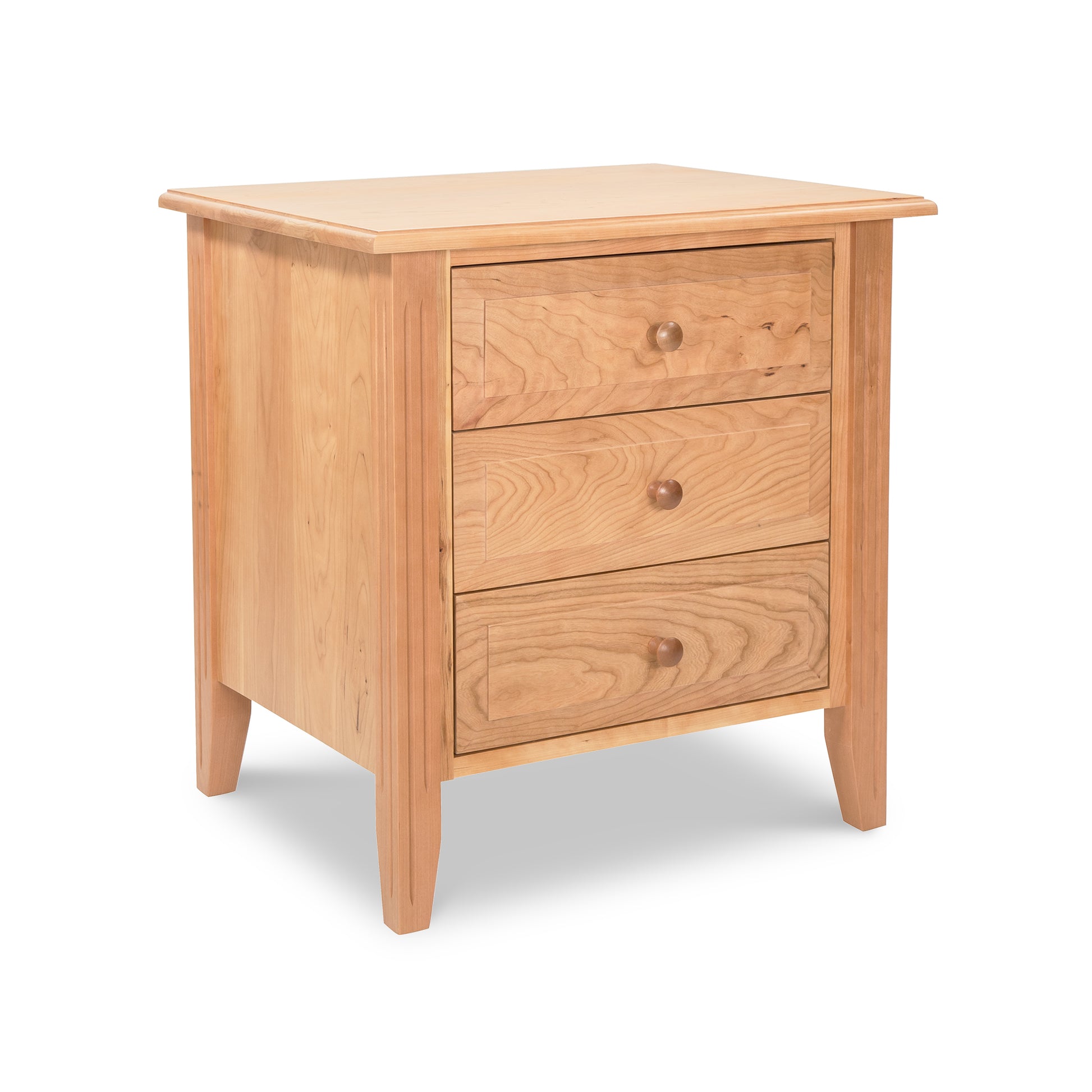 A Renfrew Shaker 3-Drawer Nightstand by Lyndon Furniture, featuring fluted legs.