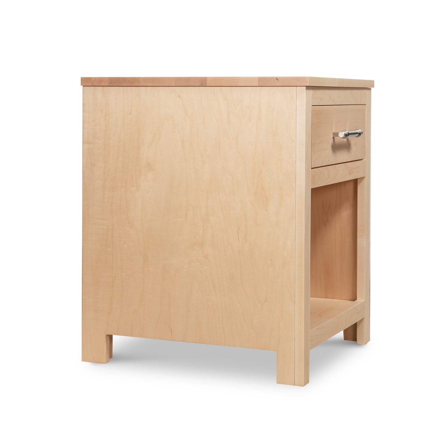 Vermont Woods Studios Rockingham 1-Drawer Enclosed Shelf Nightstand shown beside the matching Platform Bed, handcrafted from solid wood in the USA.