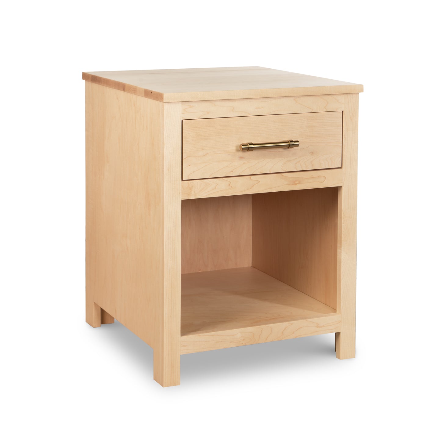 Rockingham 1-Drawer Nightstand by Vermont Woods Studios featuring an enclosed shelf and gold handle, crafted in the USA from solid wood.