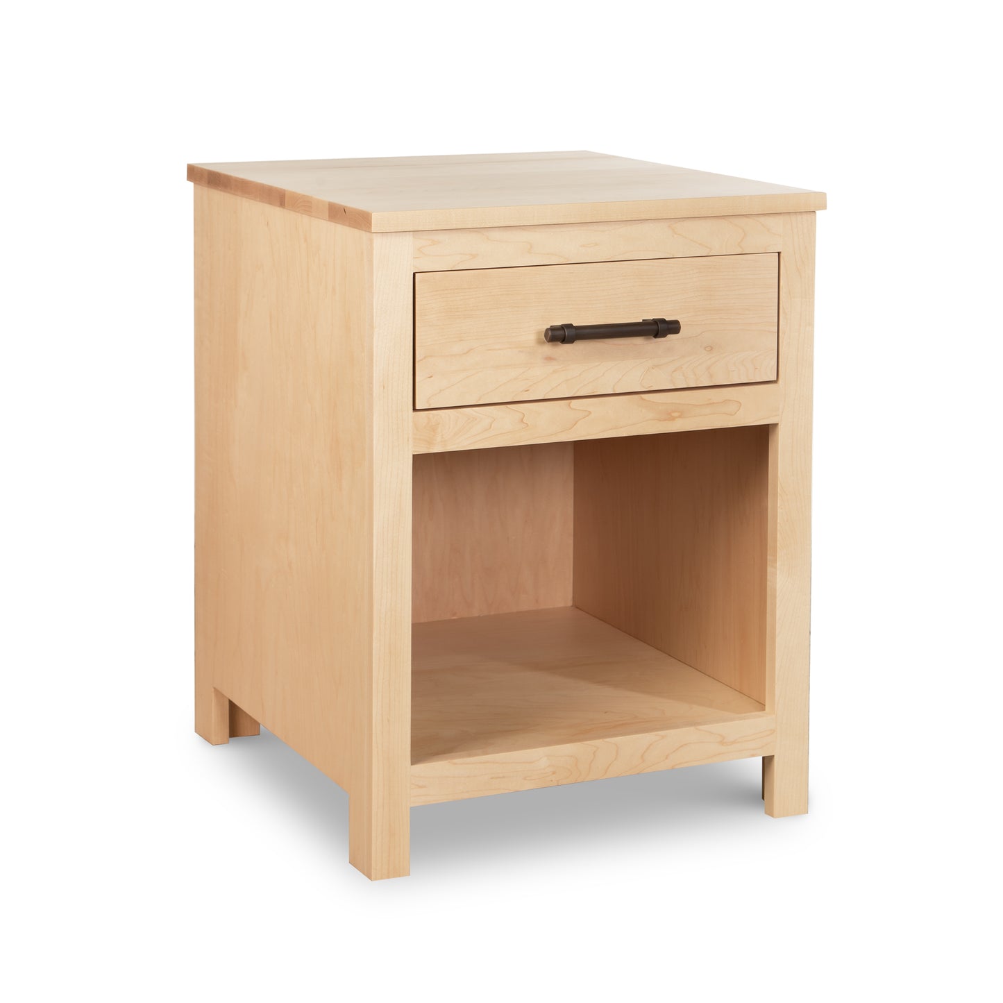 Rockingham 1-Drawer Nightstand by Vermont Woods Studios with black handle and open shelf, crafted in the USA from solid wood.