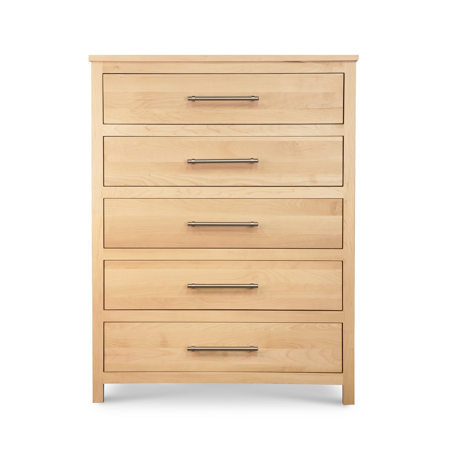Vermont Woods Studios Rockingham 5-Drawer Chest in light maple wood with modern metal handles, handcrafted American made quality furniture.