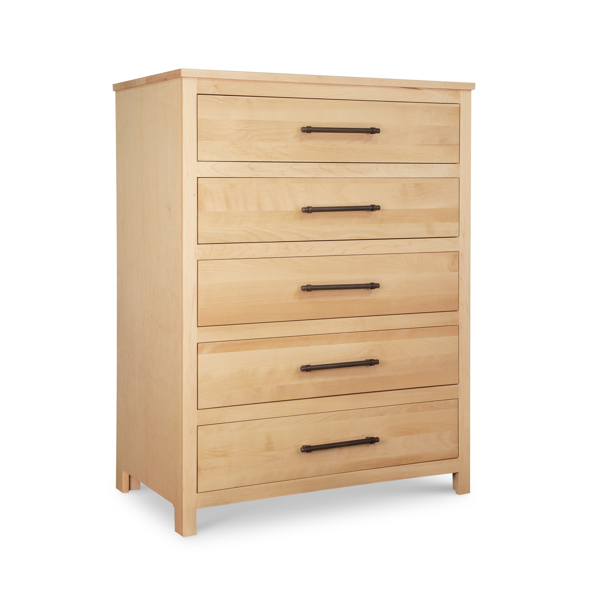 Rockingham 5-Drawer Chest by Vermont Woods Studios with modern dark metal handles and short legs, showcasing premium American made craftsmanship.