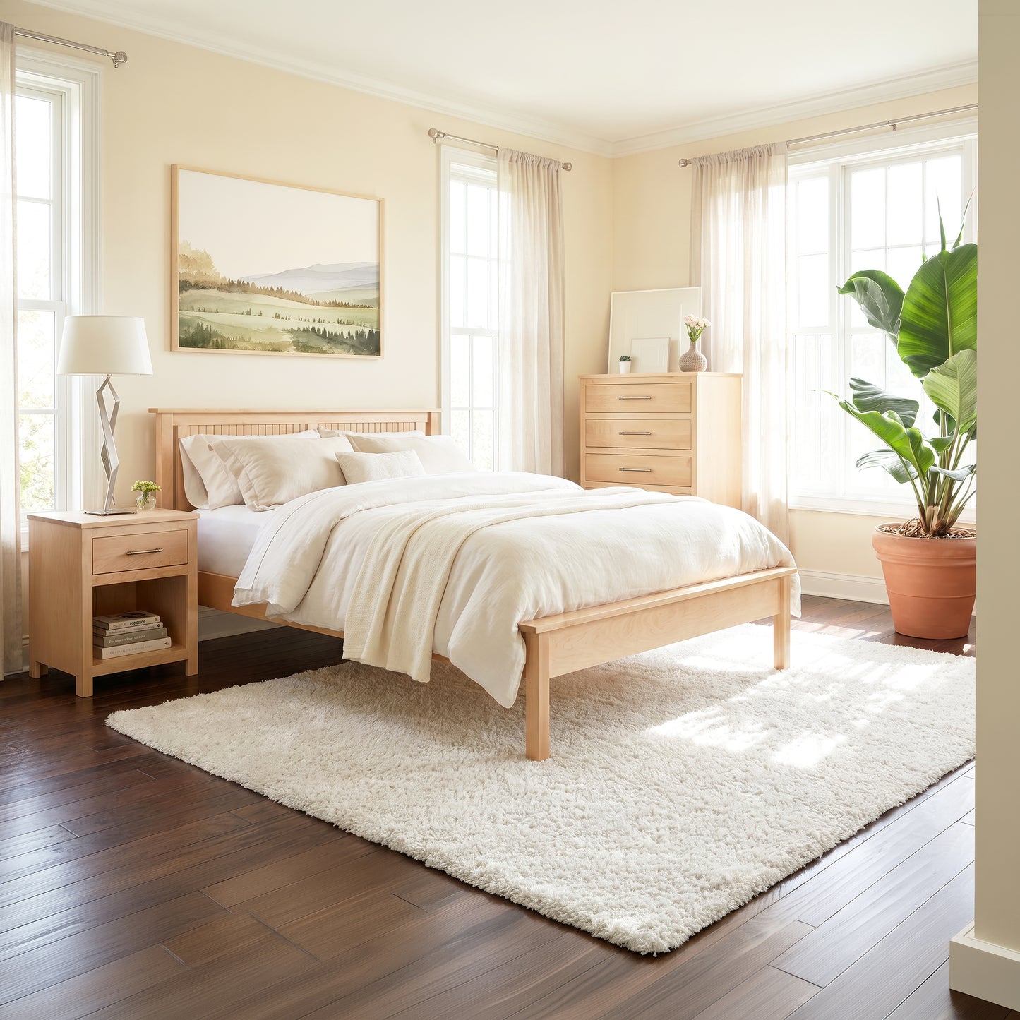 The Rockingham Bed by Vermont Woods Studios, crafted from solid wood, stands out alongside matching nightstand and dresser in a sunlit bedroom.