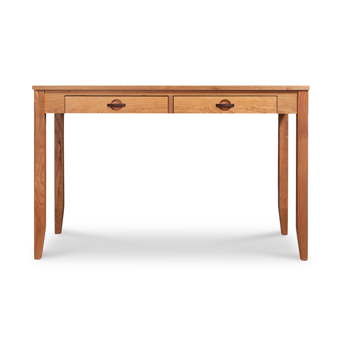 A Ryegate Writing Desk, crafted from eco-friendly materials with two drawers and tapered legs, isolated on a white background by Maple Corner Woodworks.