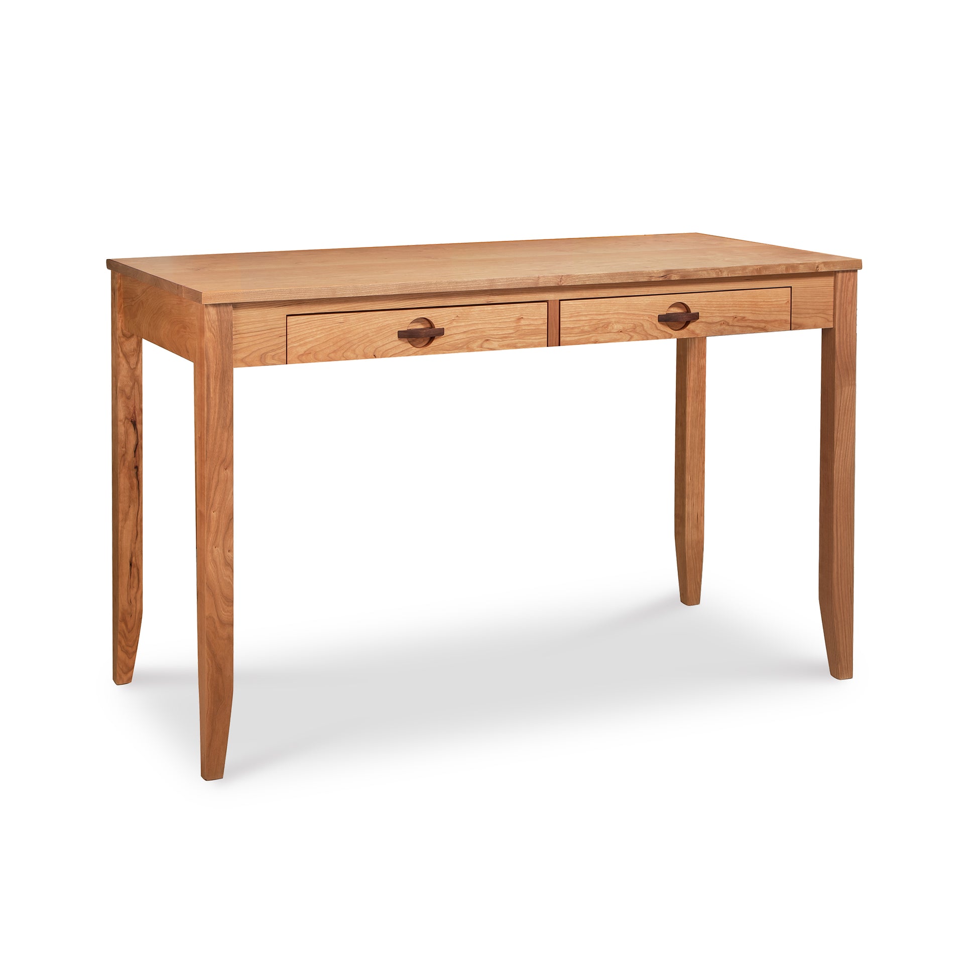 Maple Corner Woodworks Ryegate Writing Desk made of solid wood construction with two drawers on a white background.