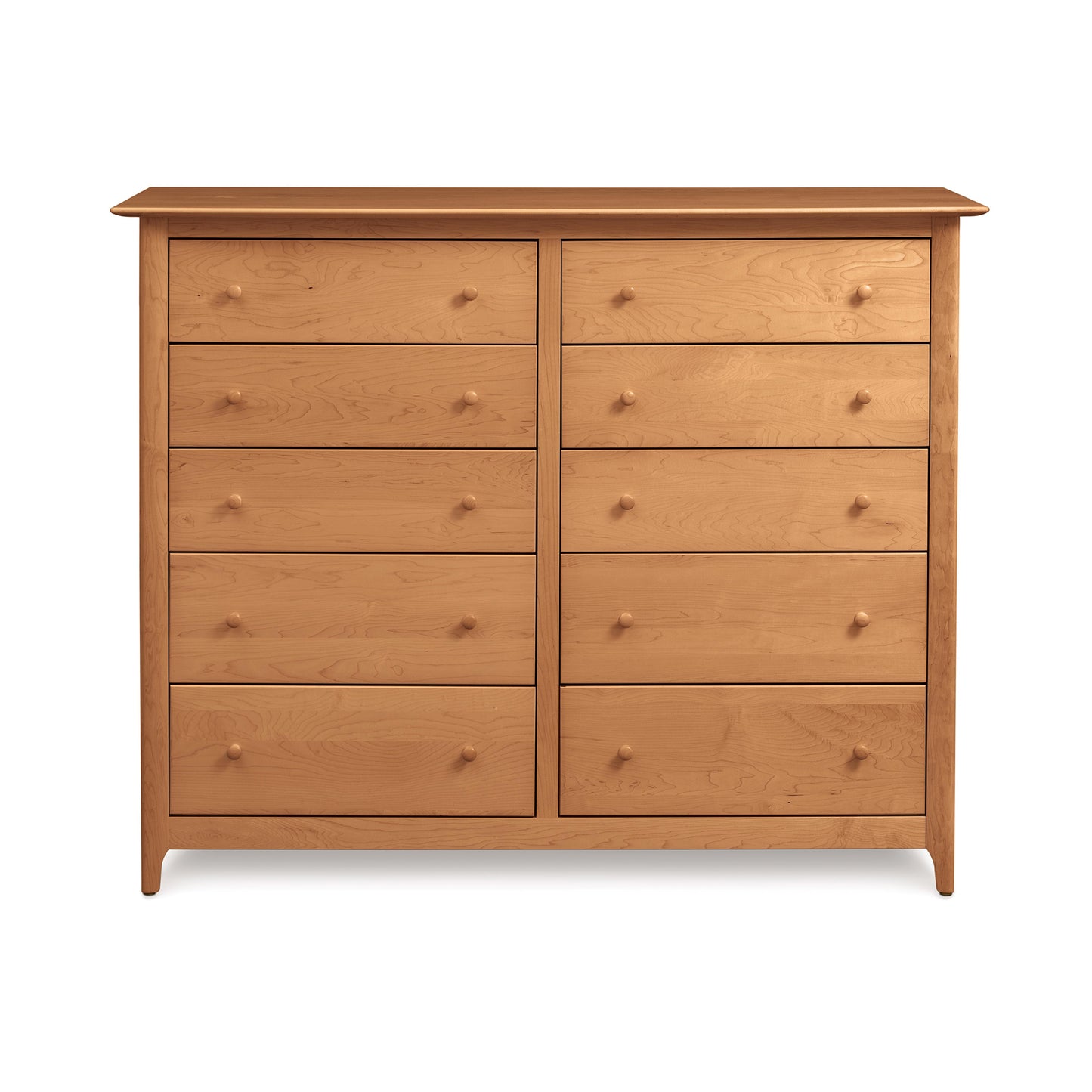 A handmade wooden Sarah 10-Drawer Dresser by Copeland Furniture with drawers in a Shaker design, showcased on a white background.