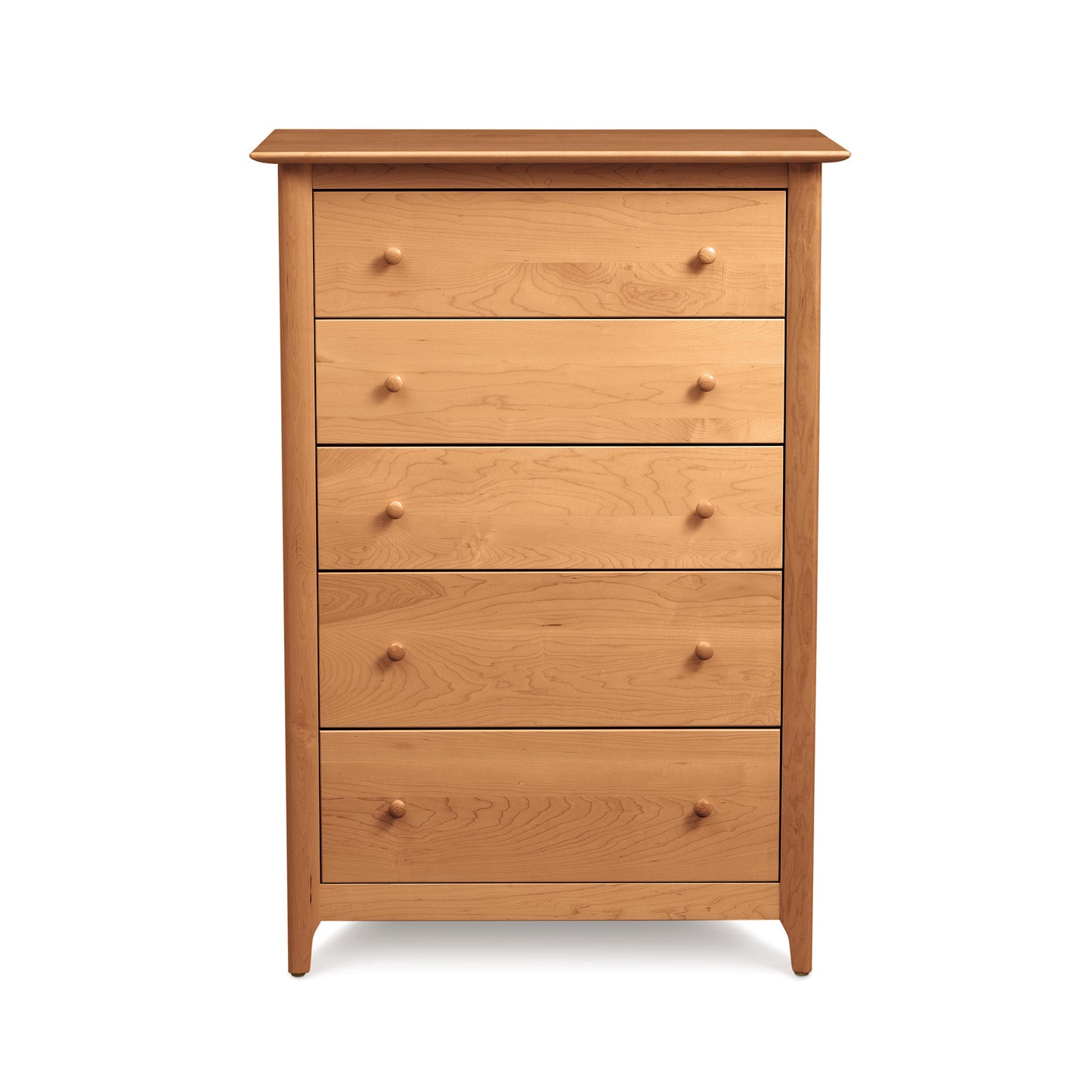 A Sarah 5-Drawer Chest by Copeland Furniture, with a Shaker design, crafted from cherry wood, on a white background.