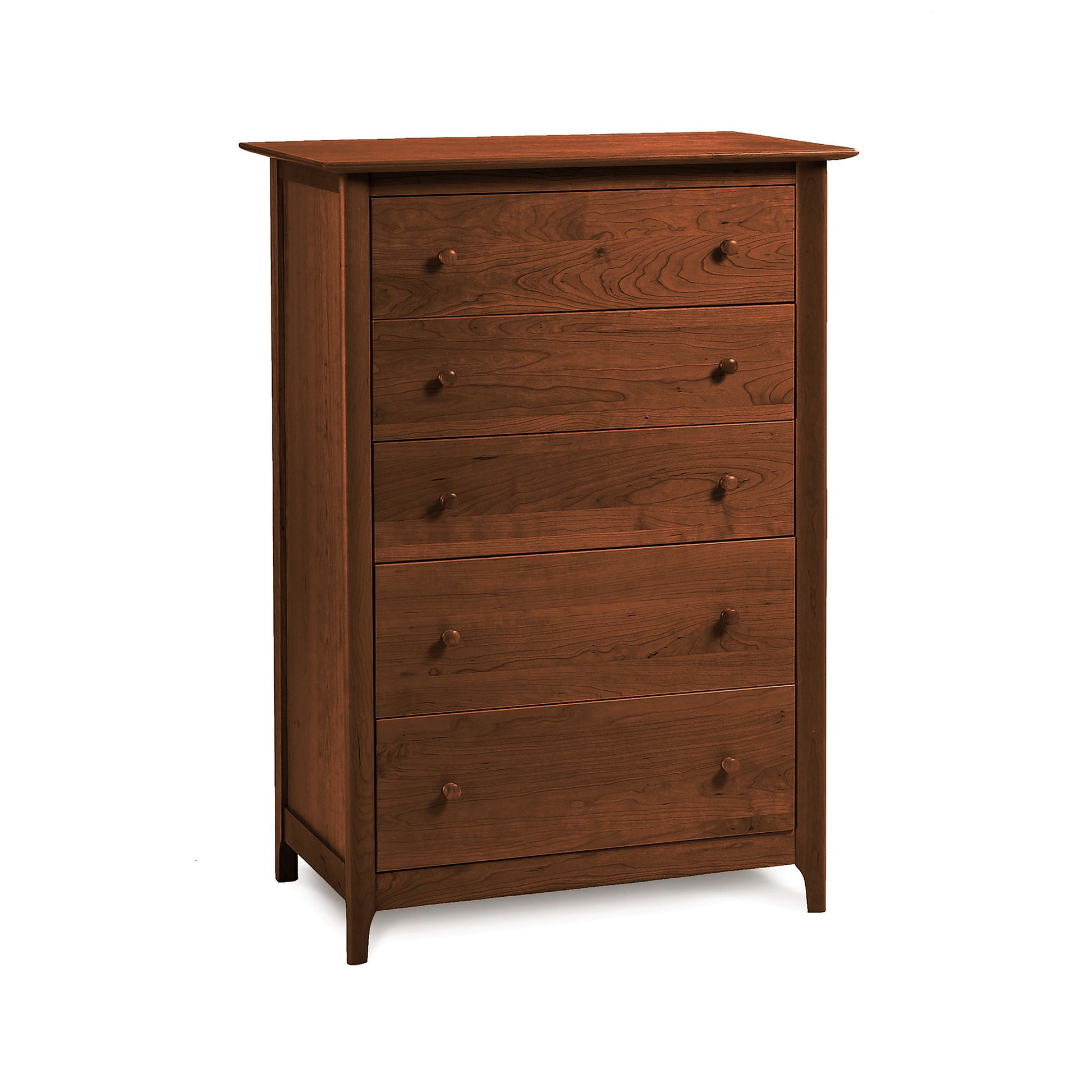 A handmade Copeland Furniture 5-Drawer Chest with a shaker design, made from cherry wood, set on a white background.