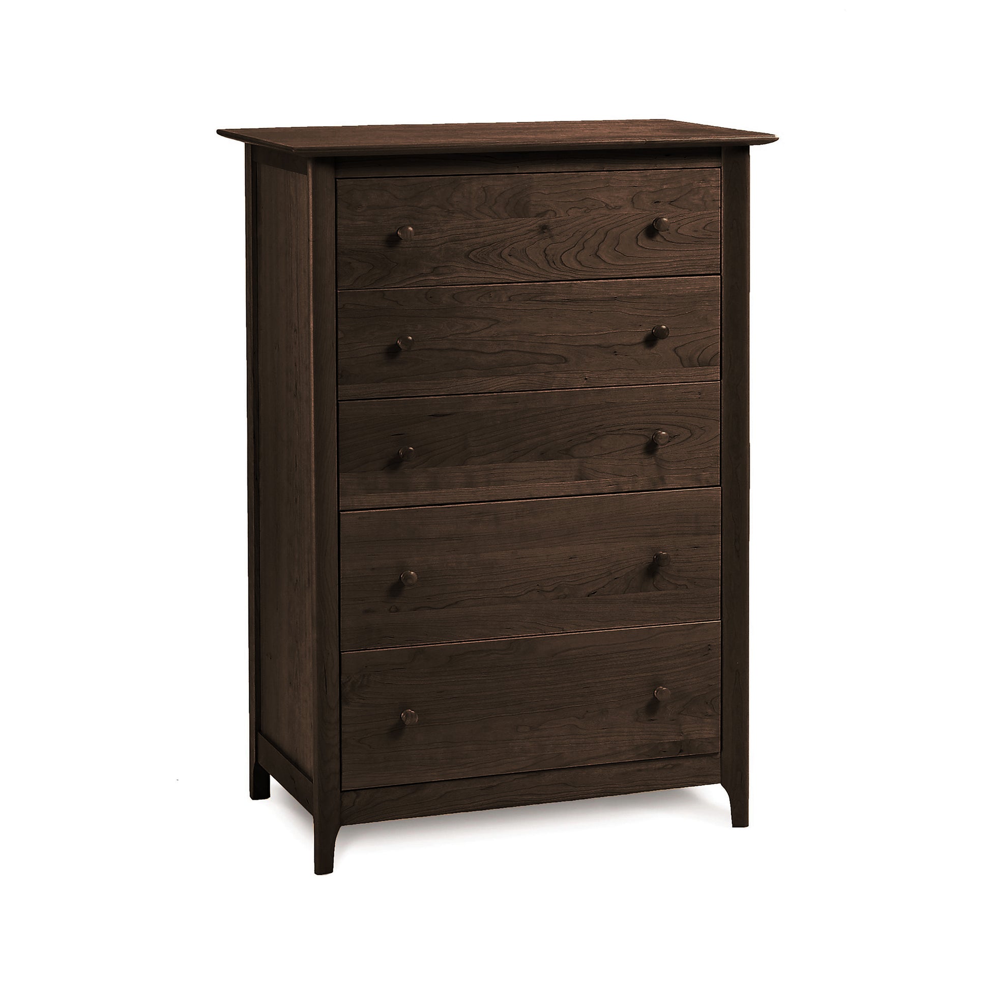 An eco-friendly Sarah 5-Drawer Chest in cherry wood with a dark finish, isolated on a white background by Copeland Furniture.