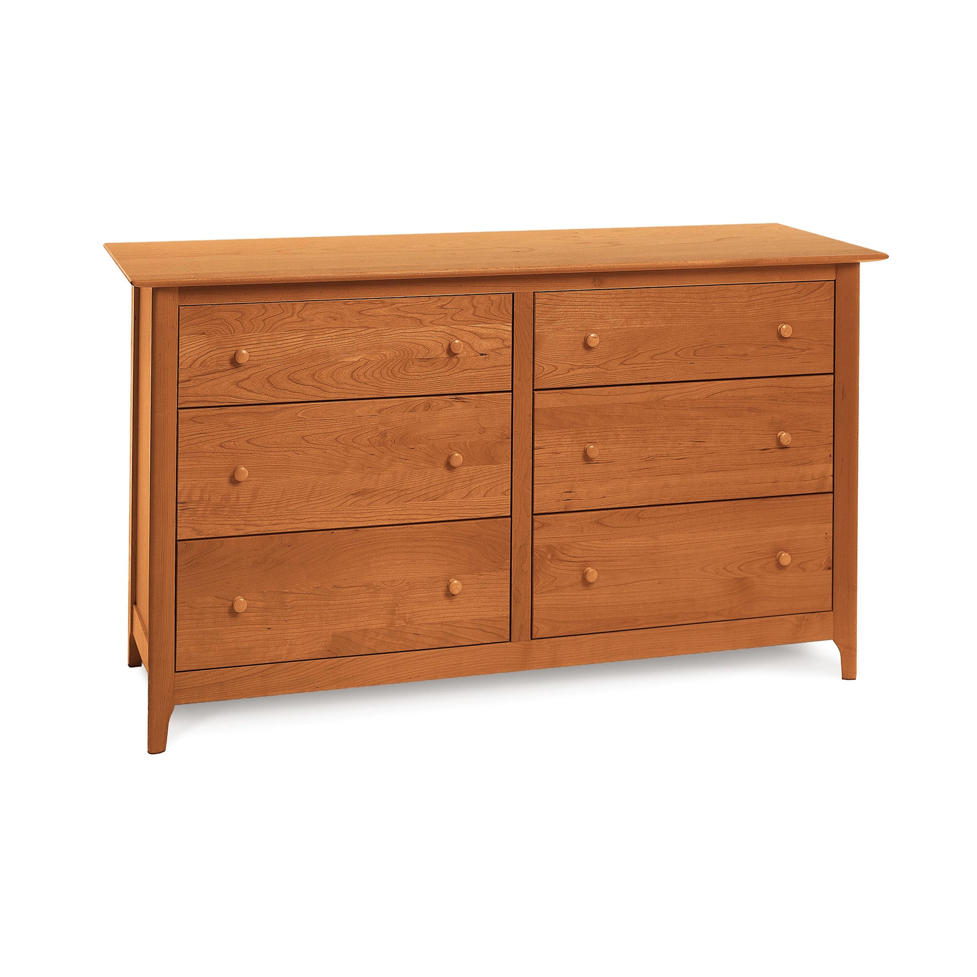 A Copeland Furniture Sarah 6-Drawer Dresser crafted from natural cherry wood with a simple design and round knobs on a white background.