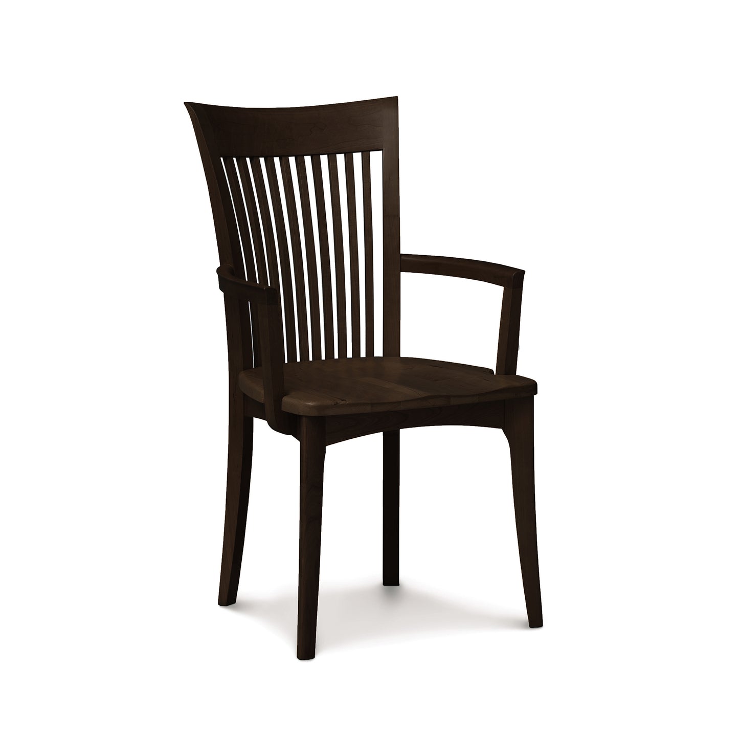 Sarah Shaker Chair by Copeland Furniture in dark wood finish with vertical slatted back, angled armrests, and sturdy four-leg design.