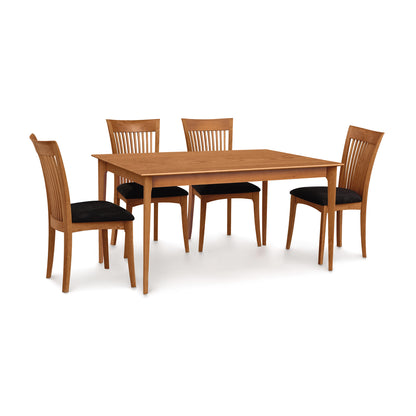 Copeland Furniture Sarah Shaker Tapered Leg Table with four matching slatted-back chairs featuring black cushions, showcasing elegant Shaker-inspired design.