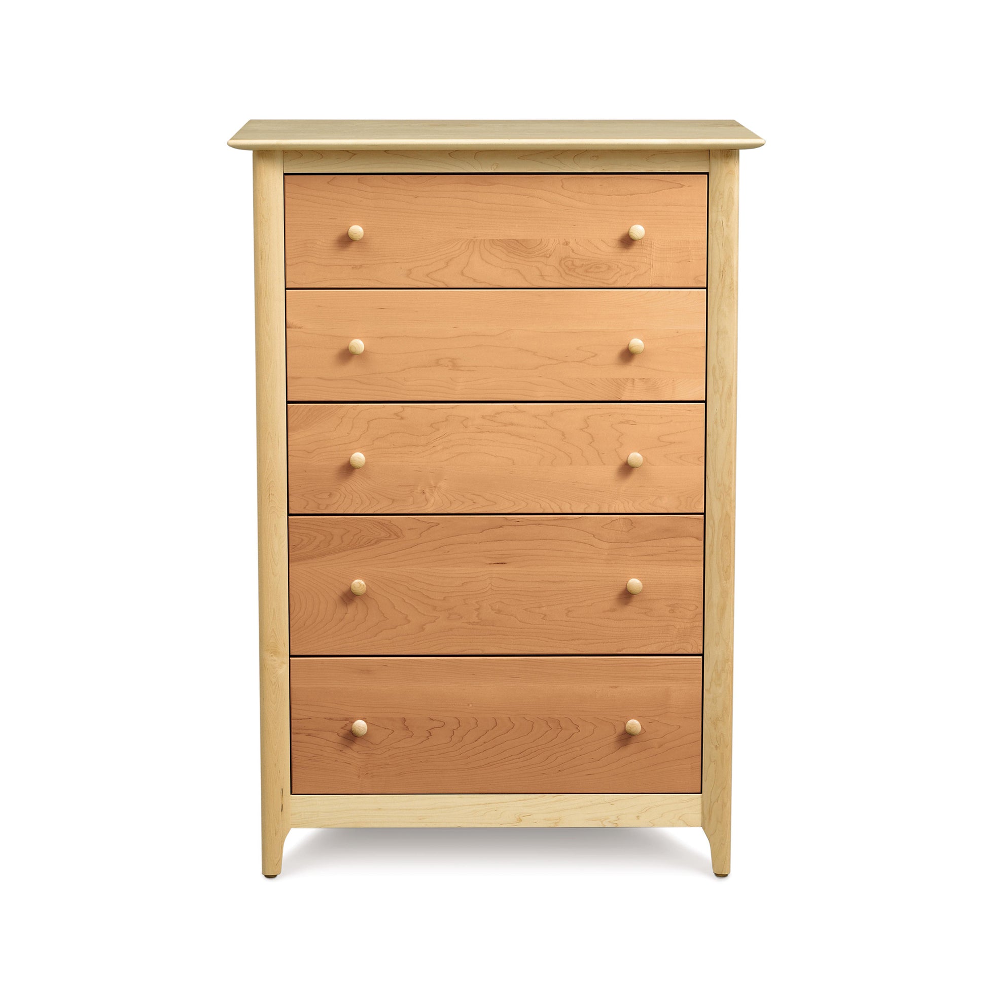 A handmade, eco-friendly Sarah 5-Drawer Chest in cherry wood by Copeland Furniture with round knobs, isolated on a white background.