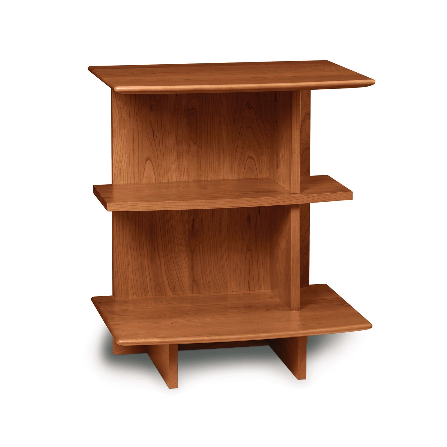 A small wooden Sarah Open Shelf Nightstand on a white background, featuring Copeland Furniture's Sarah solid wood design.
